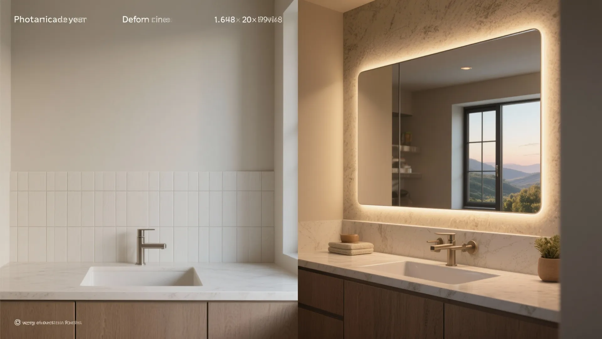 Before-and-after view showing a plain sink wall transformed by a backlit faux-window niche with framed landscape or mirror.