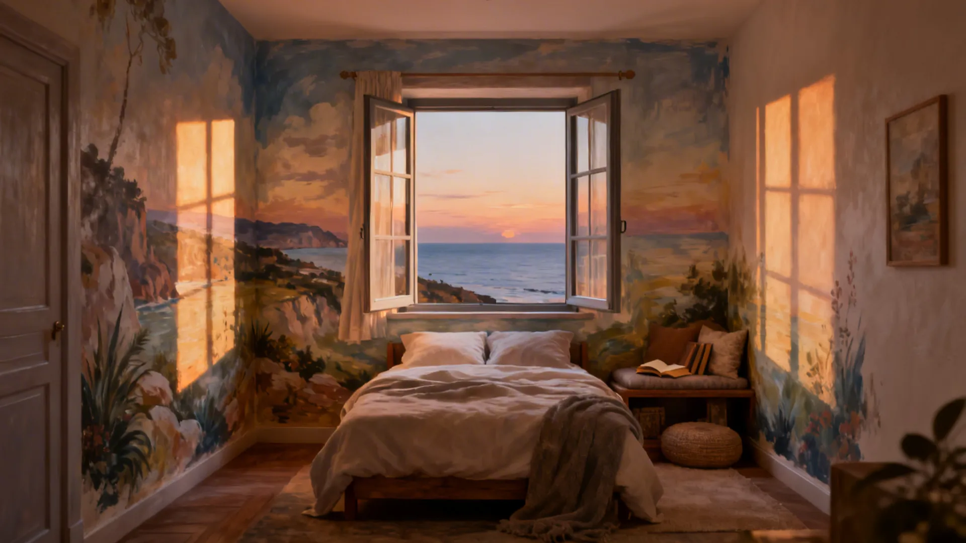 Small bedroom with a trompe-l'œil faux window mural showing a coastal view across from the bed.