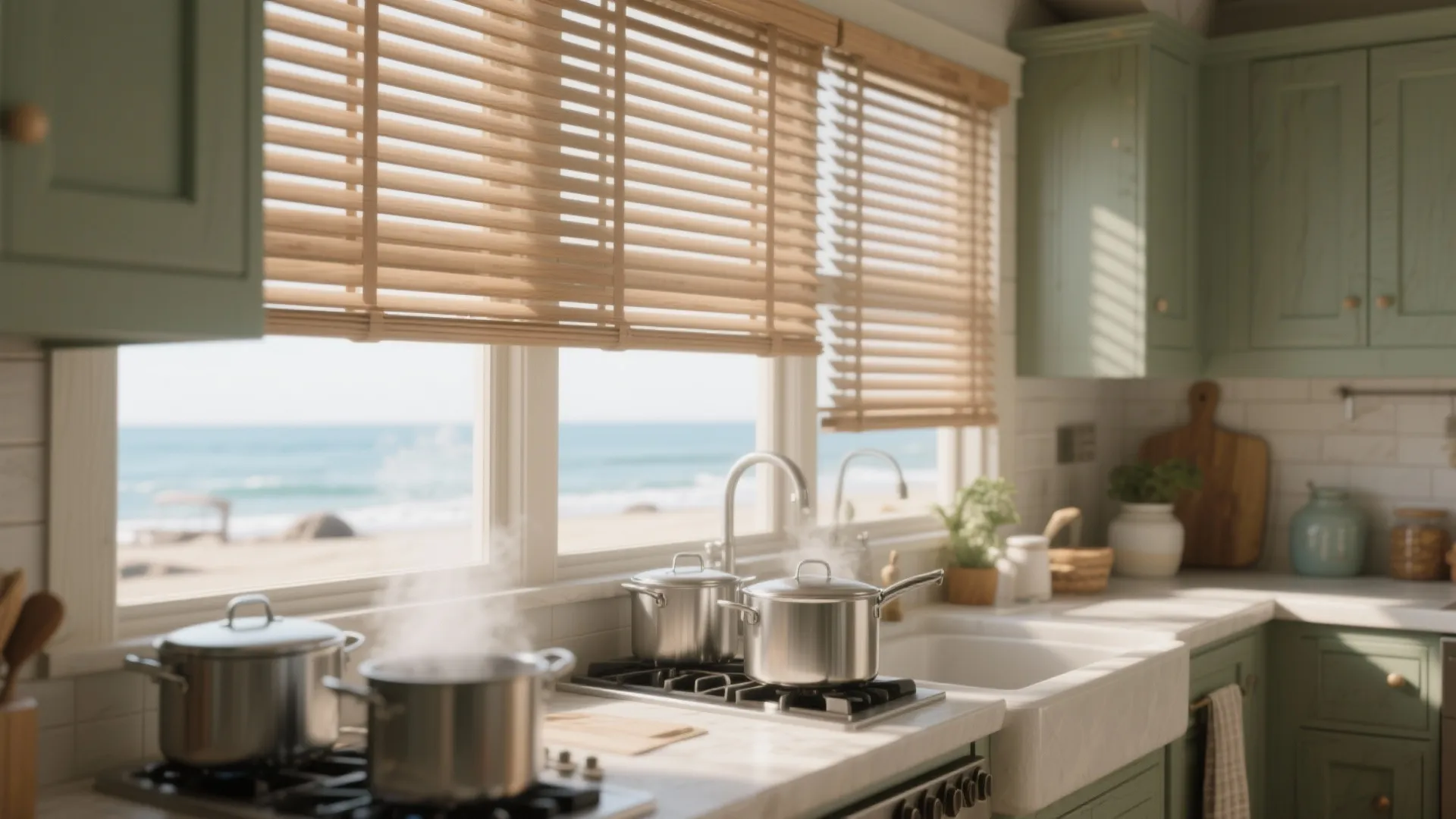 3. Faux-wood blinds for durability and warmth