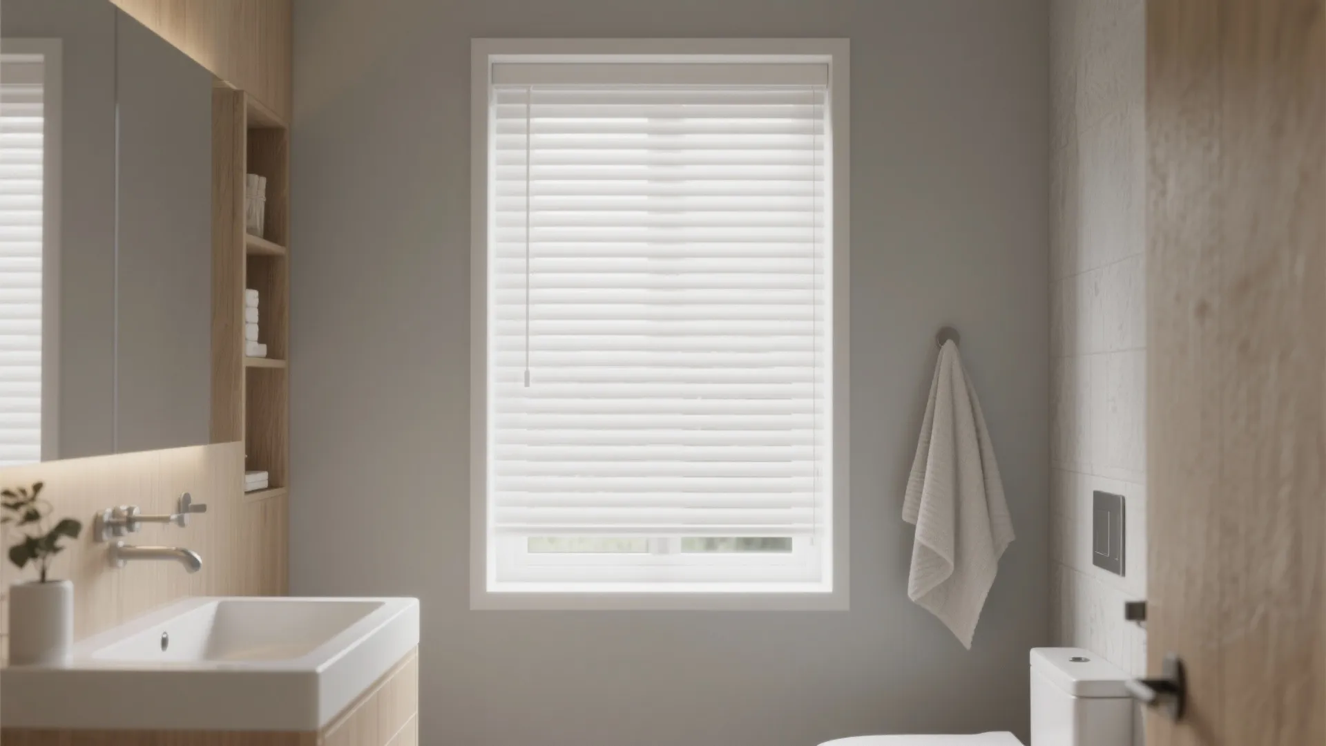 Modern bathroom with white window blinds grey walls wood cabinet sink towel and white toilet
