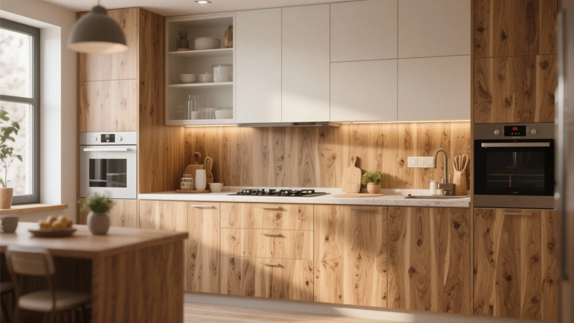 Modern kitchen with wood grain cabinets white upper storage built in ovens and under cabinet lighting