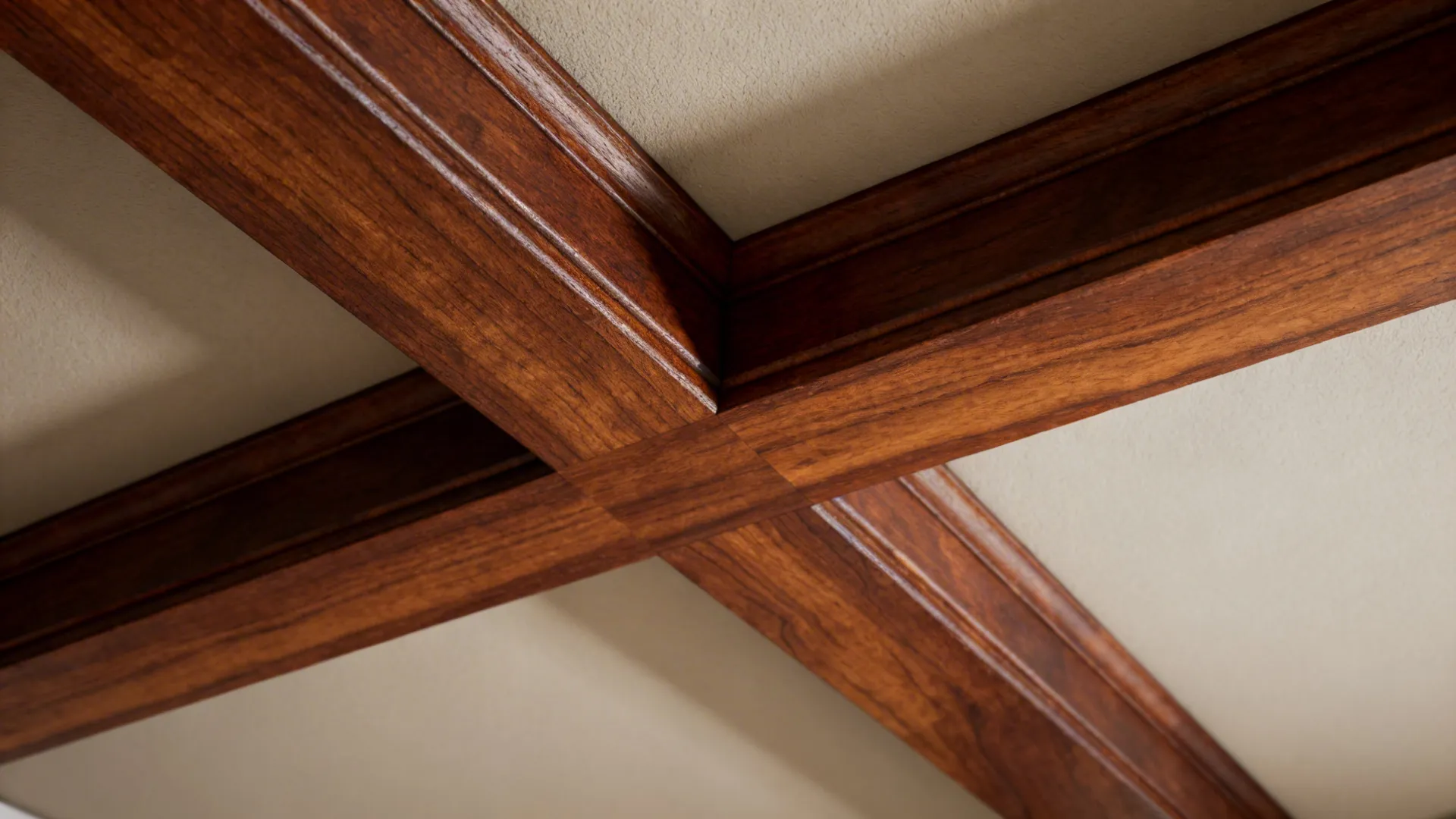 Macro detail of a faux-wood beam showing realistic grain and stained finish at the ceiling junction.
