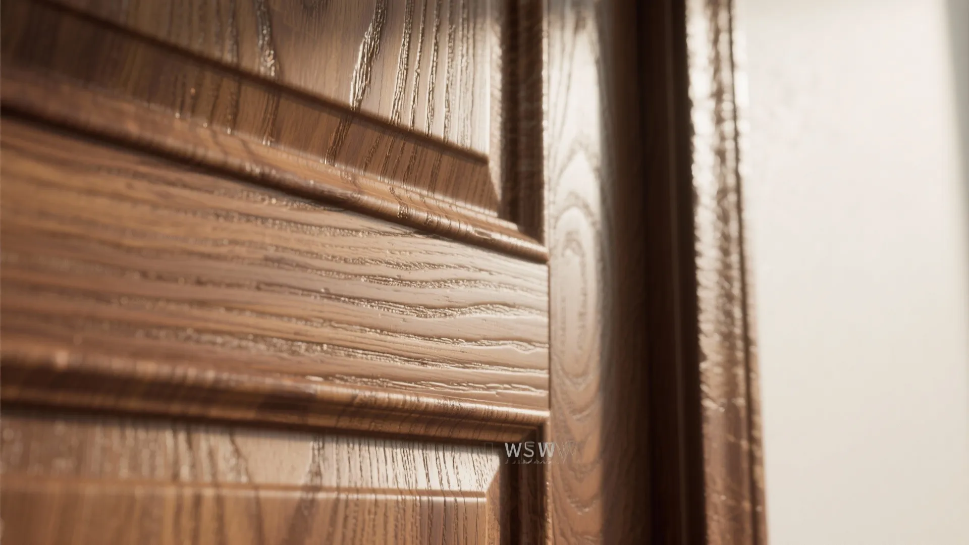Detailed brown wooden door surface featuring natural grain patterns and a classic raised panel design