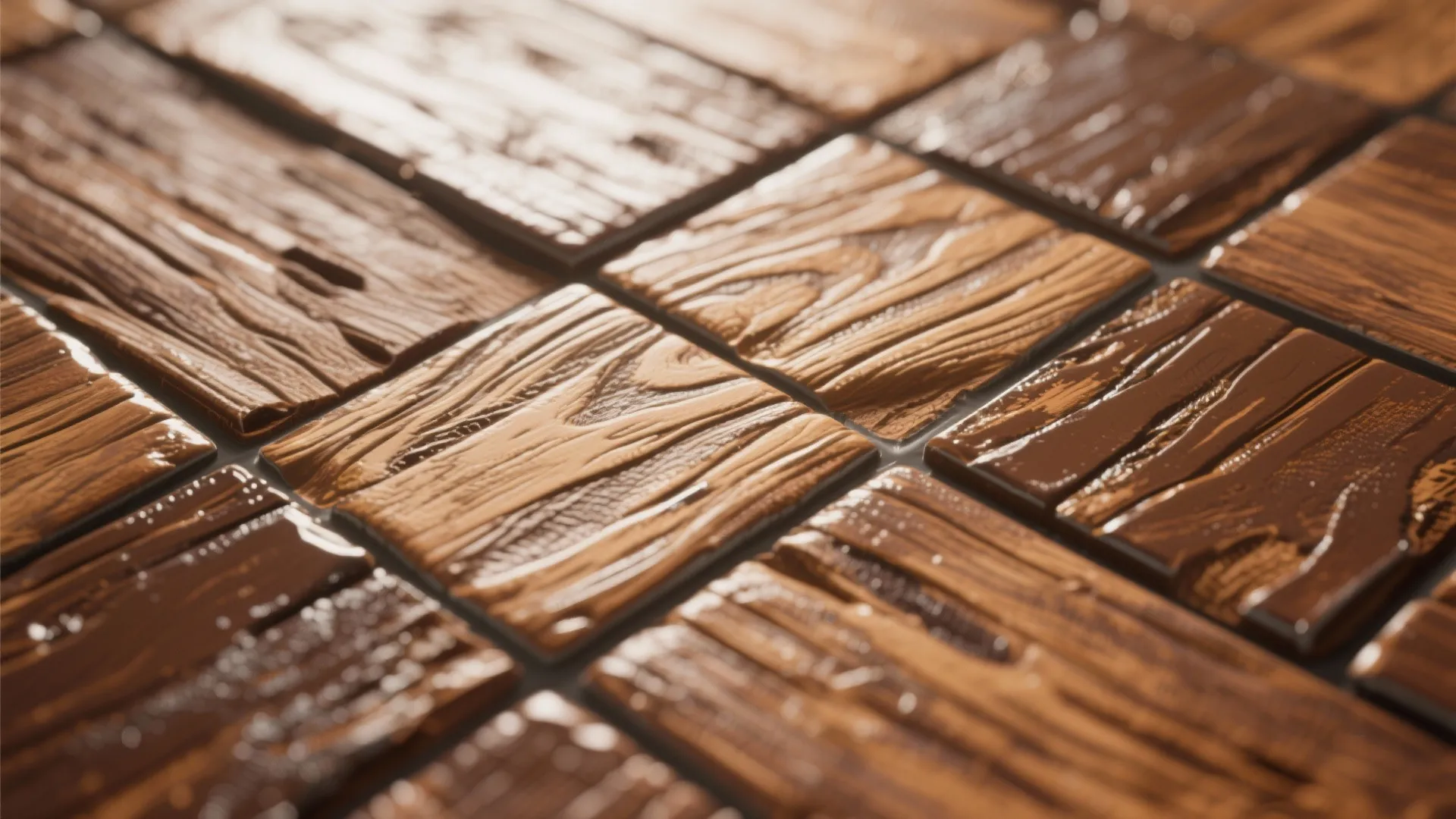 Close up view of brown wood grain floor tiles with textured surface and natural light