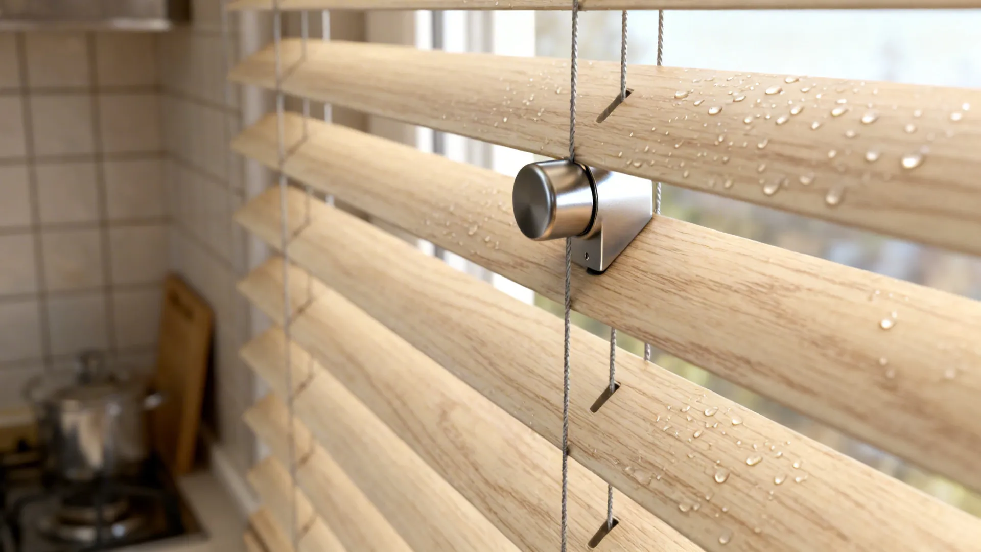 Close up view of light brown wooden window blinds with water drops and metal hardware