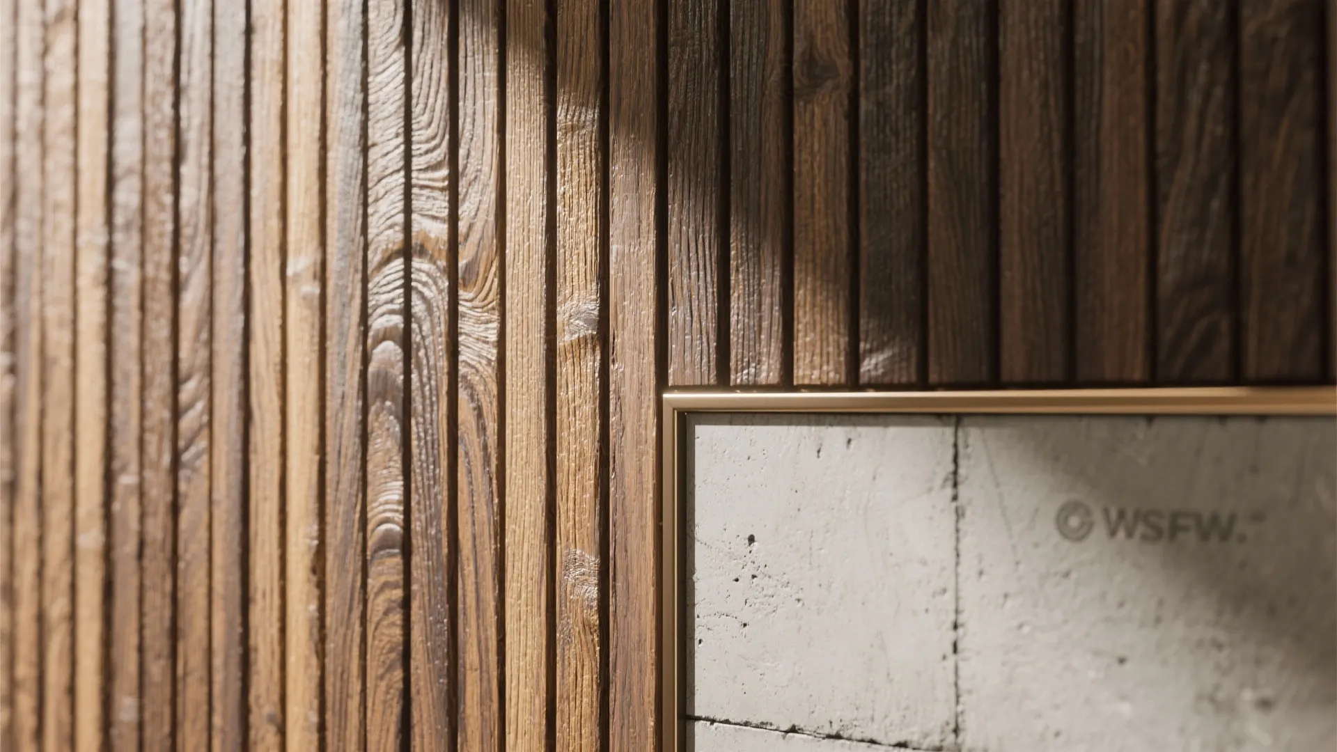 Close up of dark brown vertical wood wall panel next to grey stone texture detail