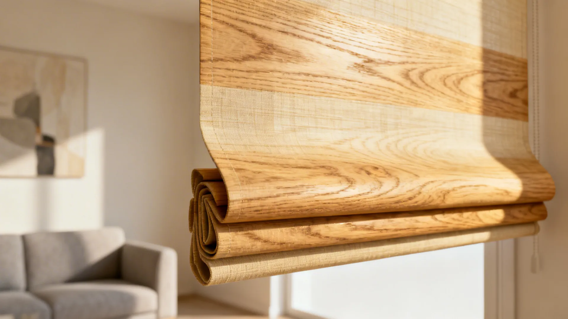 Faux-wood roman blind folded to show wood-look texture and warm tones in a small living room.