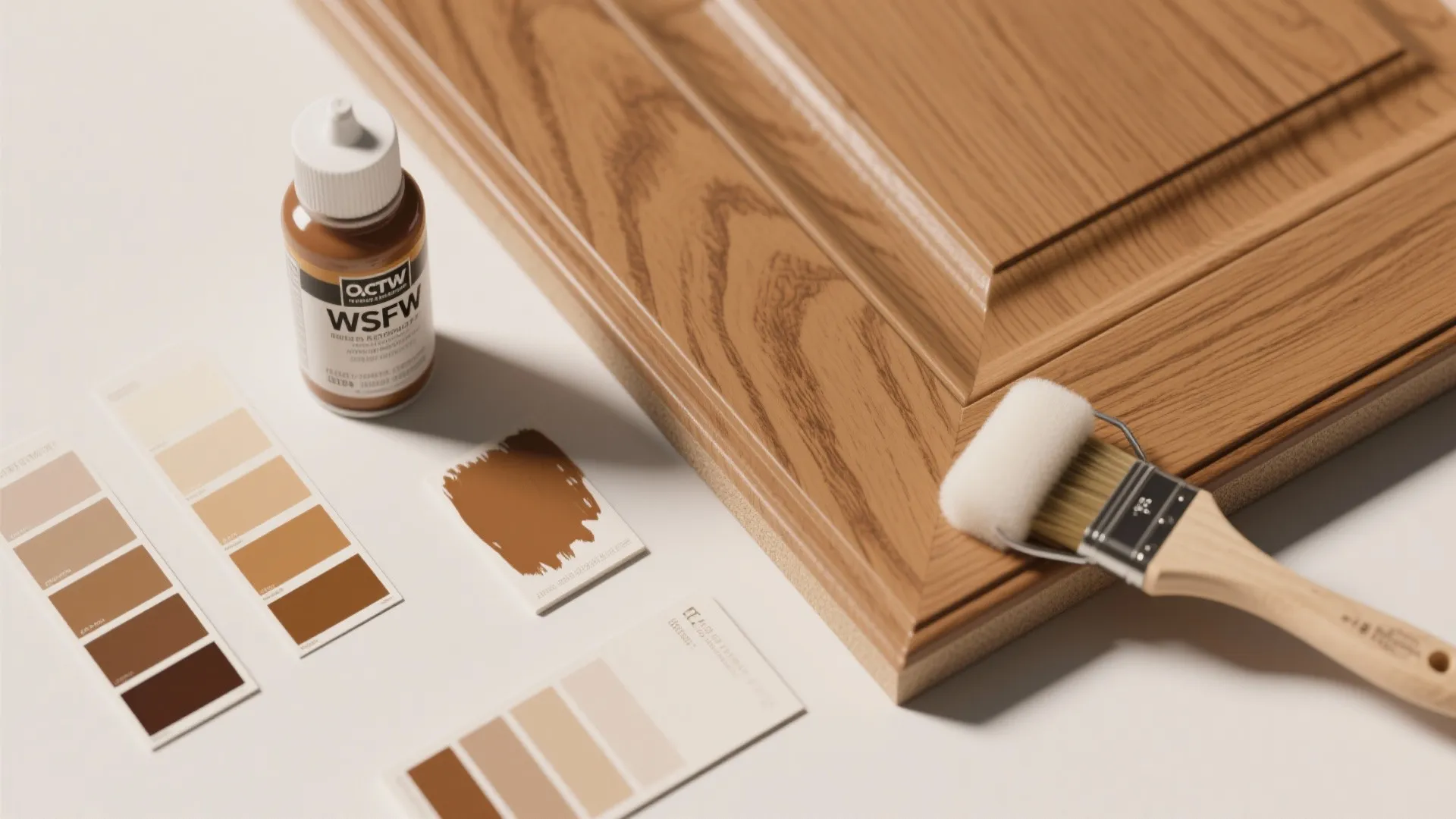Flatlay of faux wood grain painted panel, oak-look stain samples and painting tools.