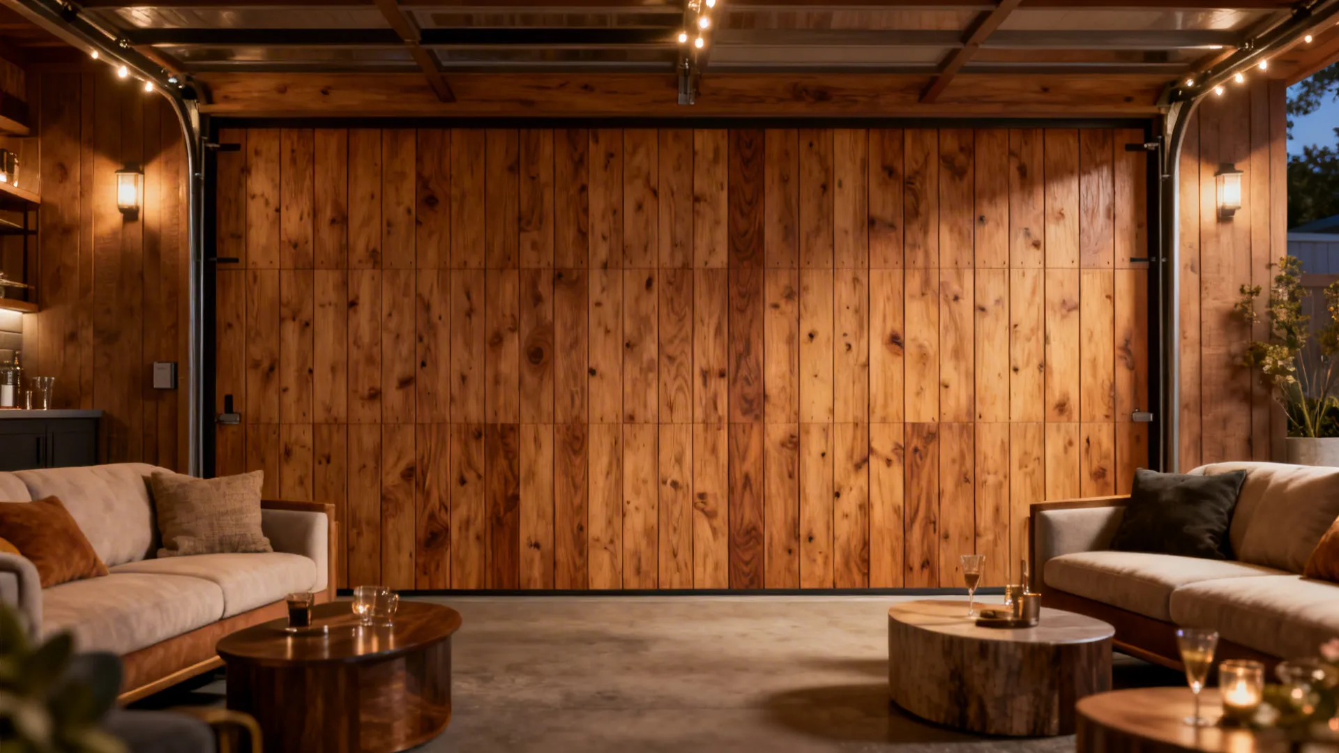 Cozy garage lounge with wood wall panels two sofas coffee tables and warm light fixtures