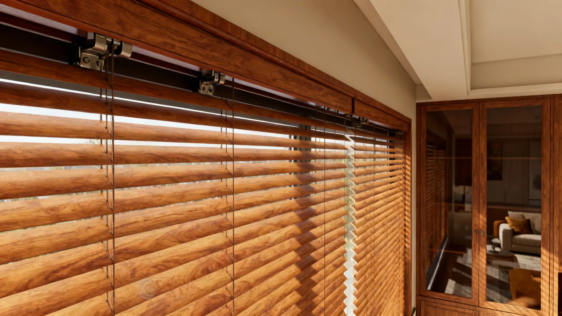 Close-up of horizontal wood window blinds with sunlight filtering through onto a dark wood cabinet