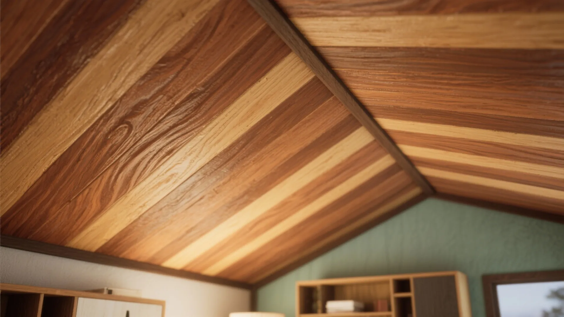Close up view of a sloped ceiling made of alternating light and dark wooden planks