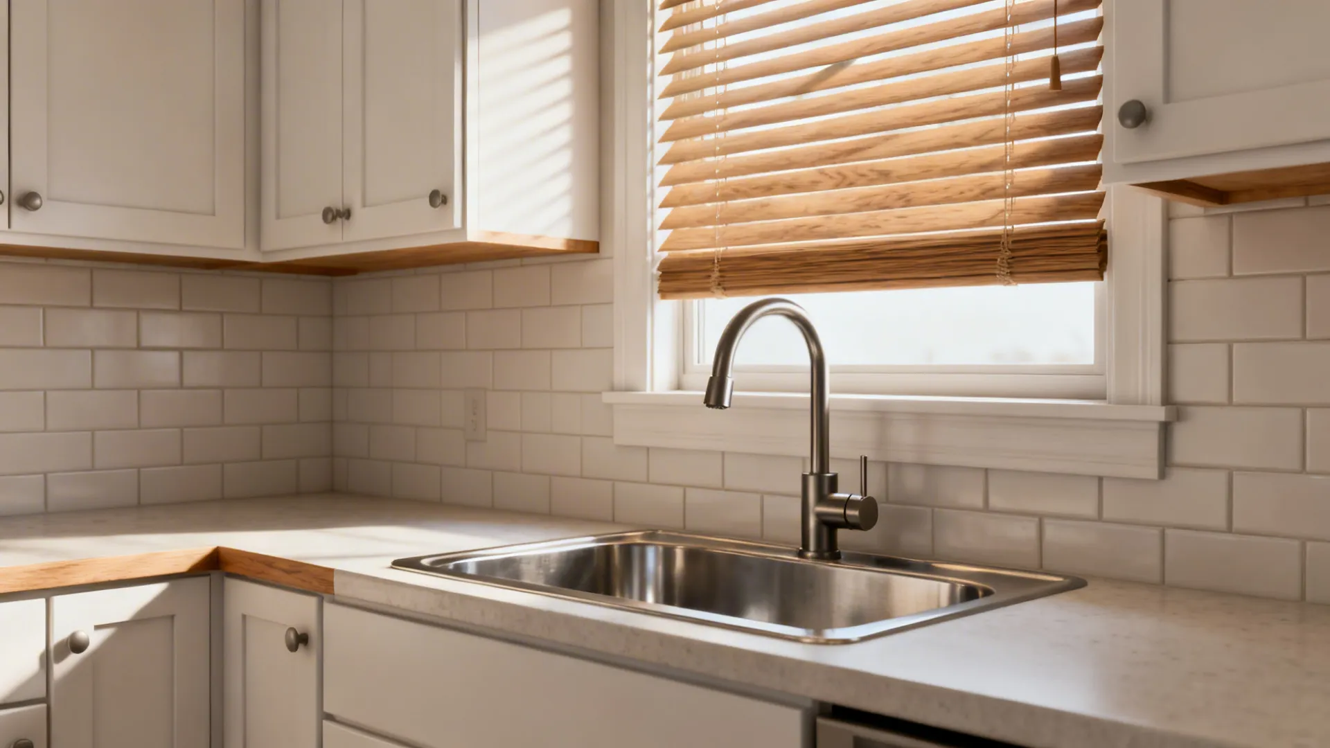 Modern white kitchen with wall tiles, stainless steel sink, white cabinets, and wooden window blinds