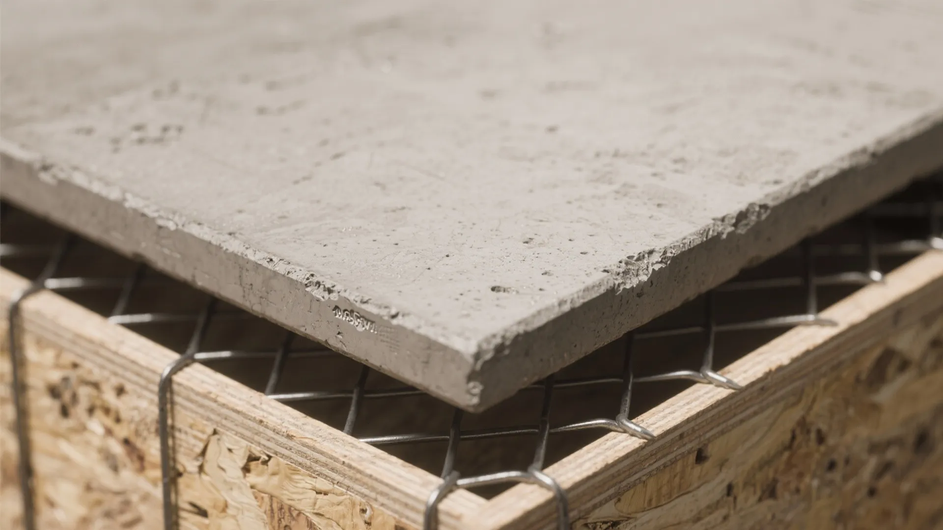 Macro detail of a lightweight faux-concrete tabletop showing warm gray pigment, mesh reinforcement, and sealed surface texture.