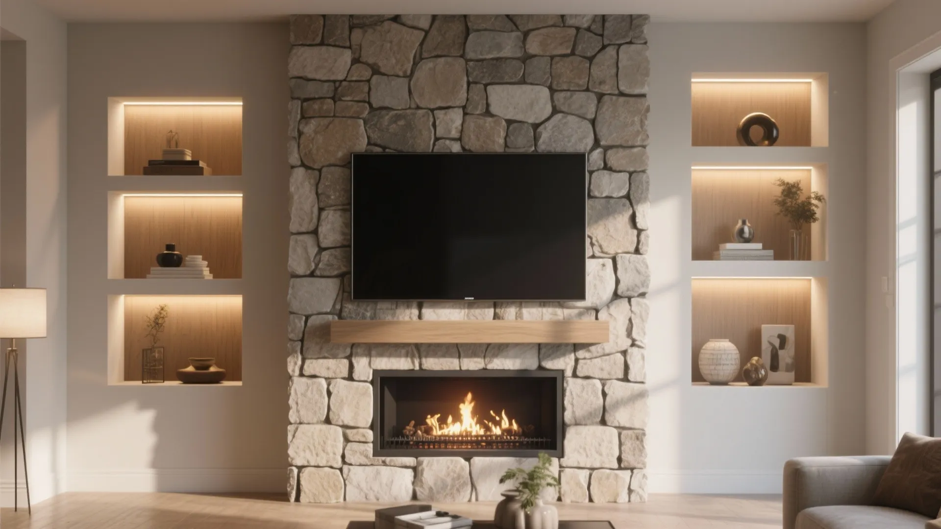 5. Faux-stone surround and framed media wall with hidden niches