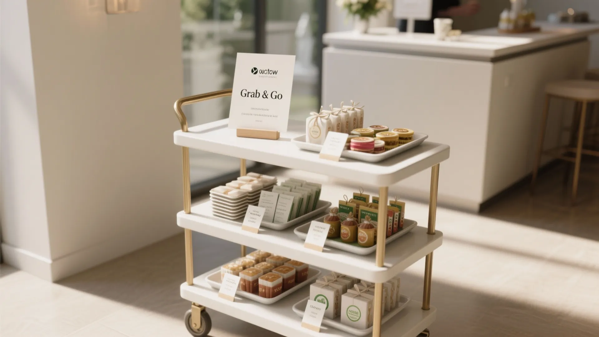Modern white three-tier service cart with snacks and grab and go sign in sunny interior
