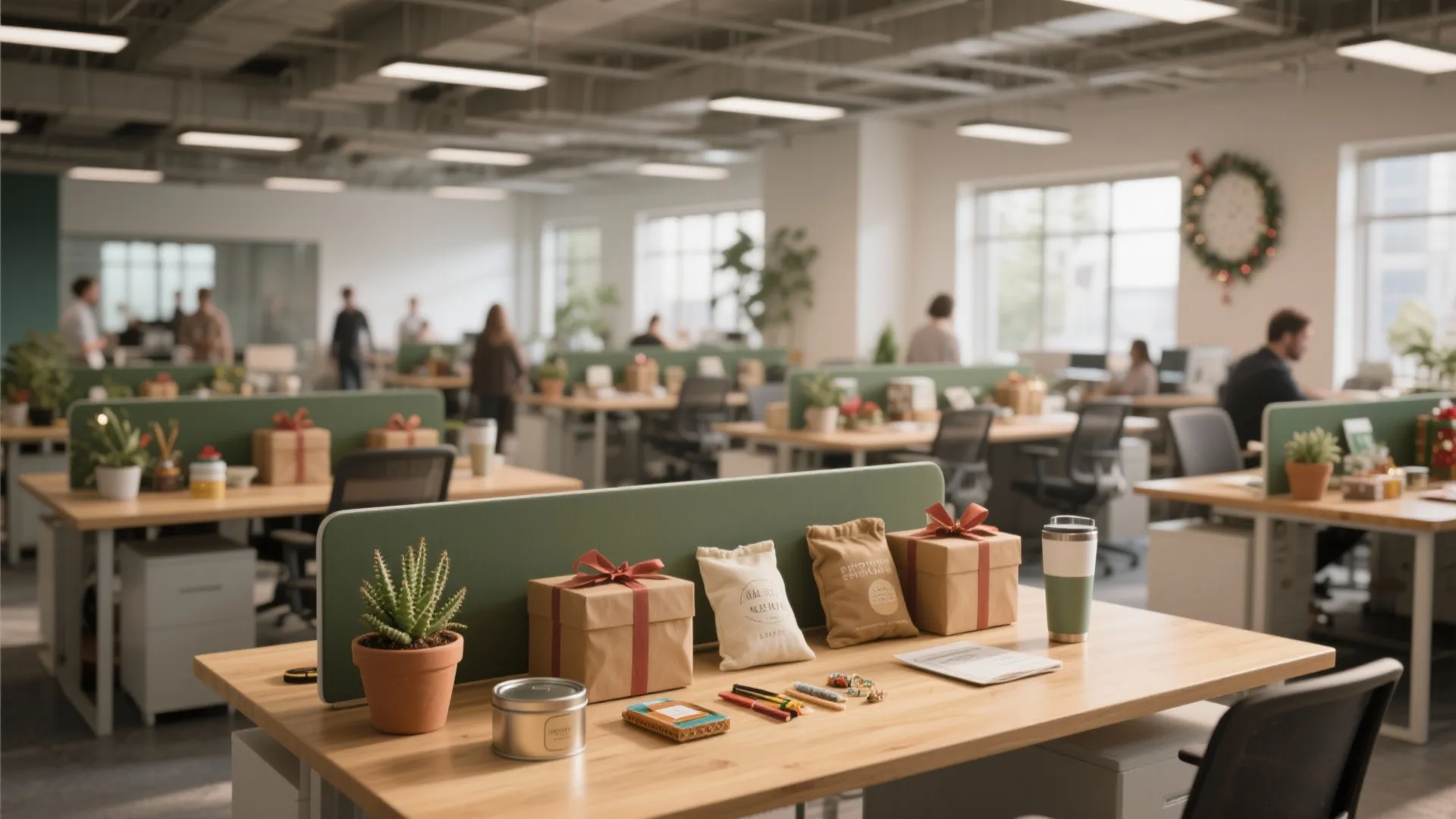 Modern office desk with gift boxes small bags potted plant and people working in background