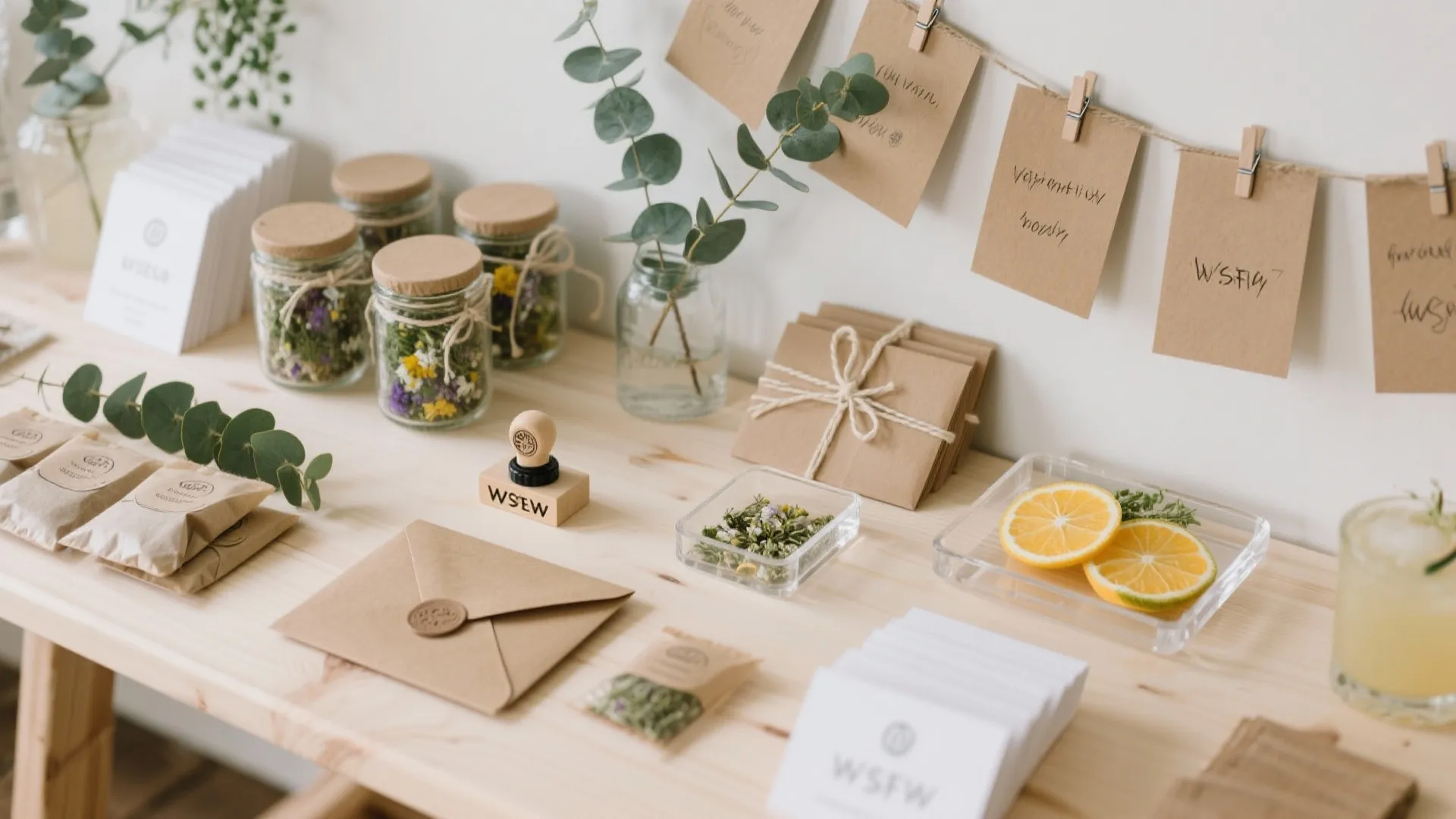 Wooden table with glass jars of dried flowers brown paper envelopes a stamp lemon slices