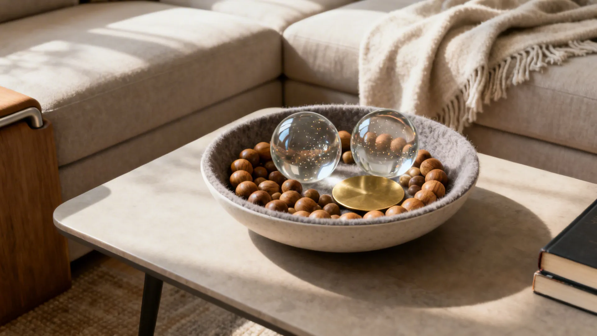 Close up of a decorative bowl with glass balls and wooden beads on a coffee table
