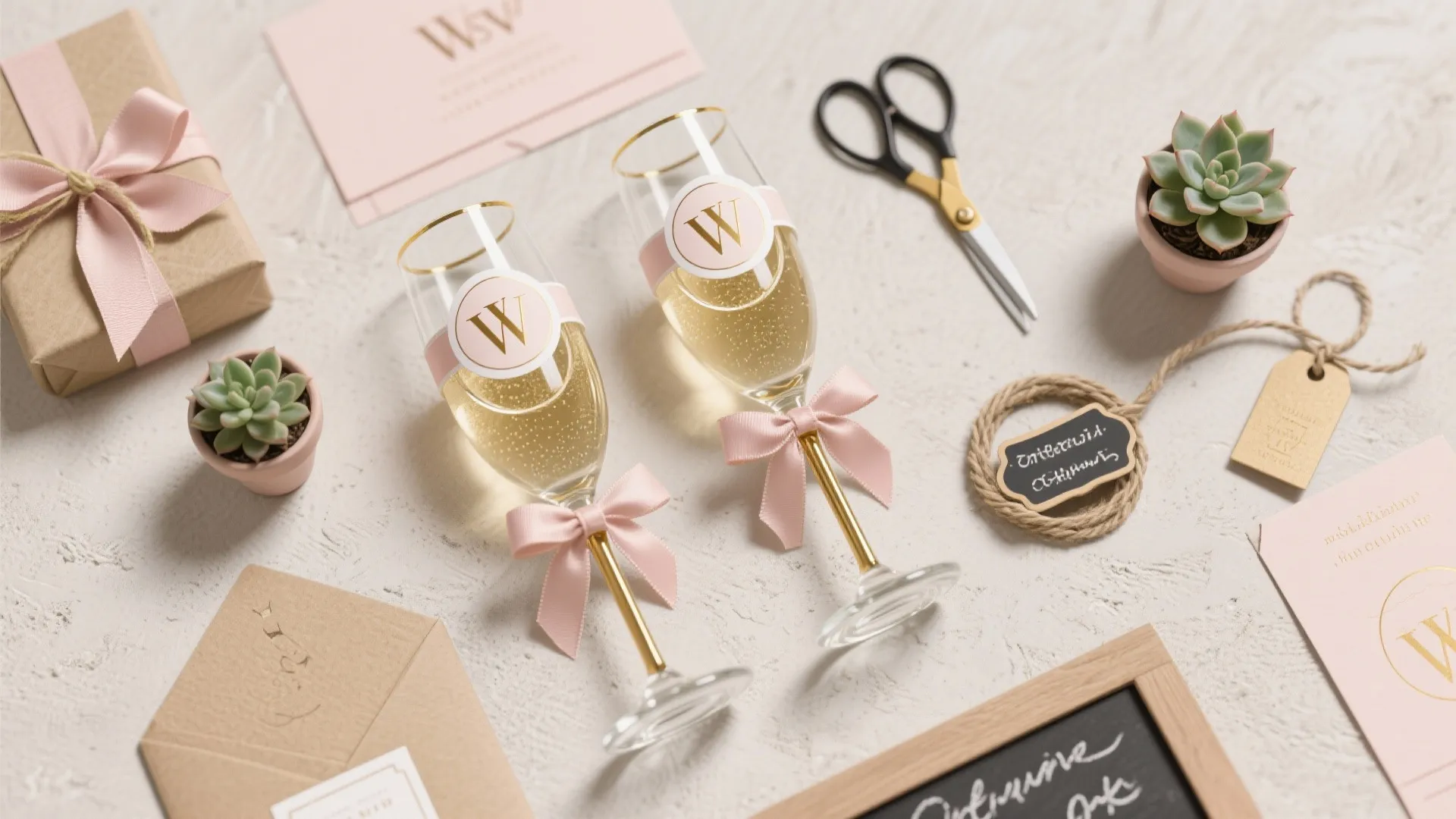 Flat lay of wedding decorations featuring two champagne glasses with pink bows plants and paper cards