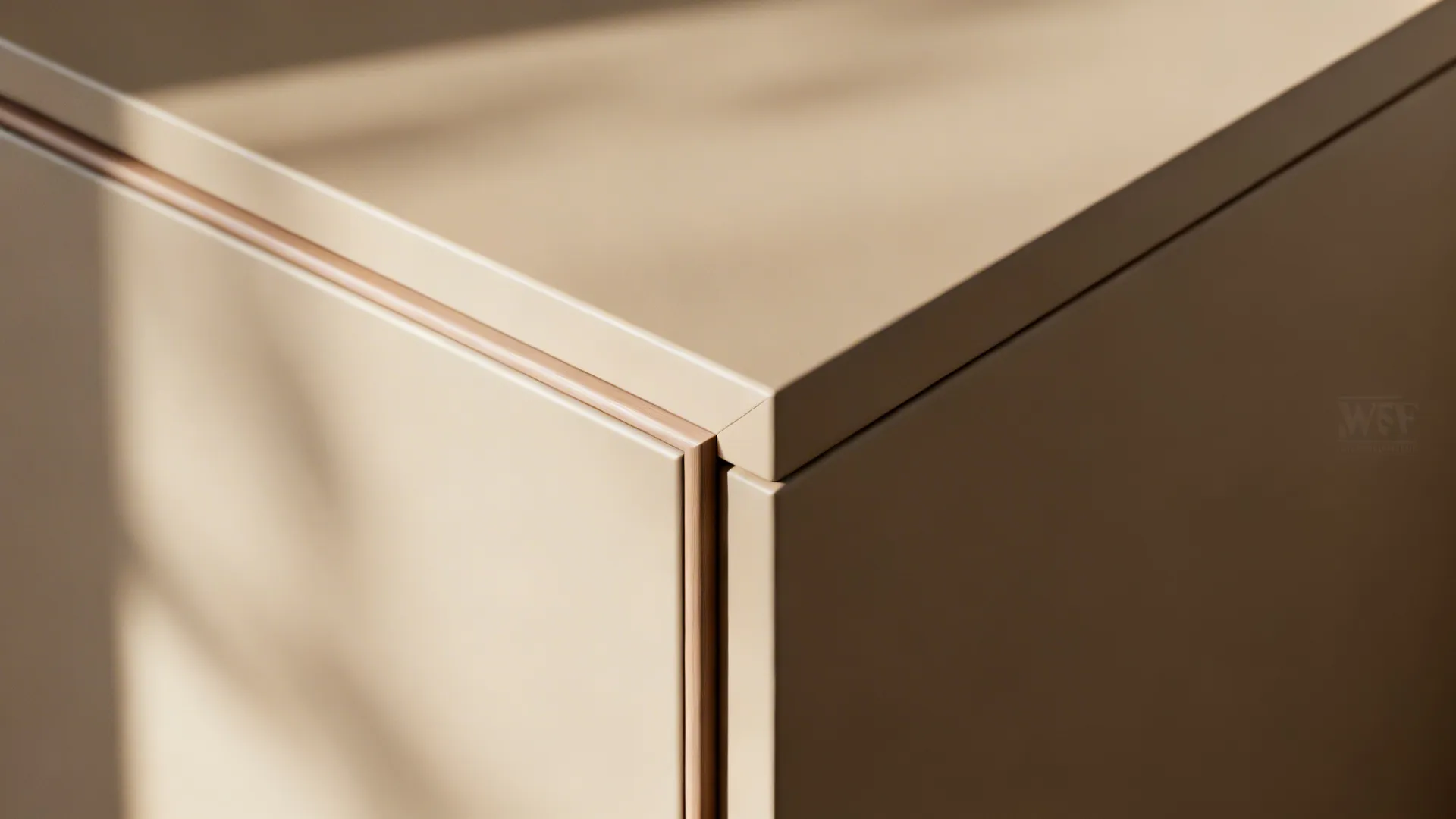 Close-up of matte fawn cabinet door with precise PVC edge-banding