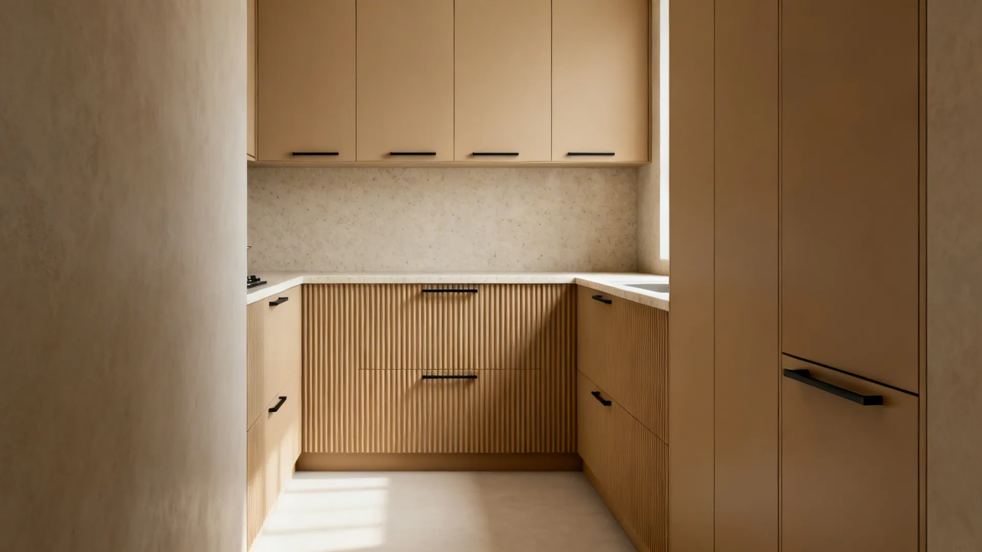 Fawn fluted base cabinets with slim black rails under plain fawn upper units