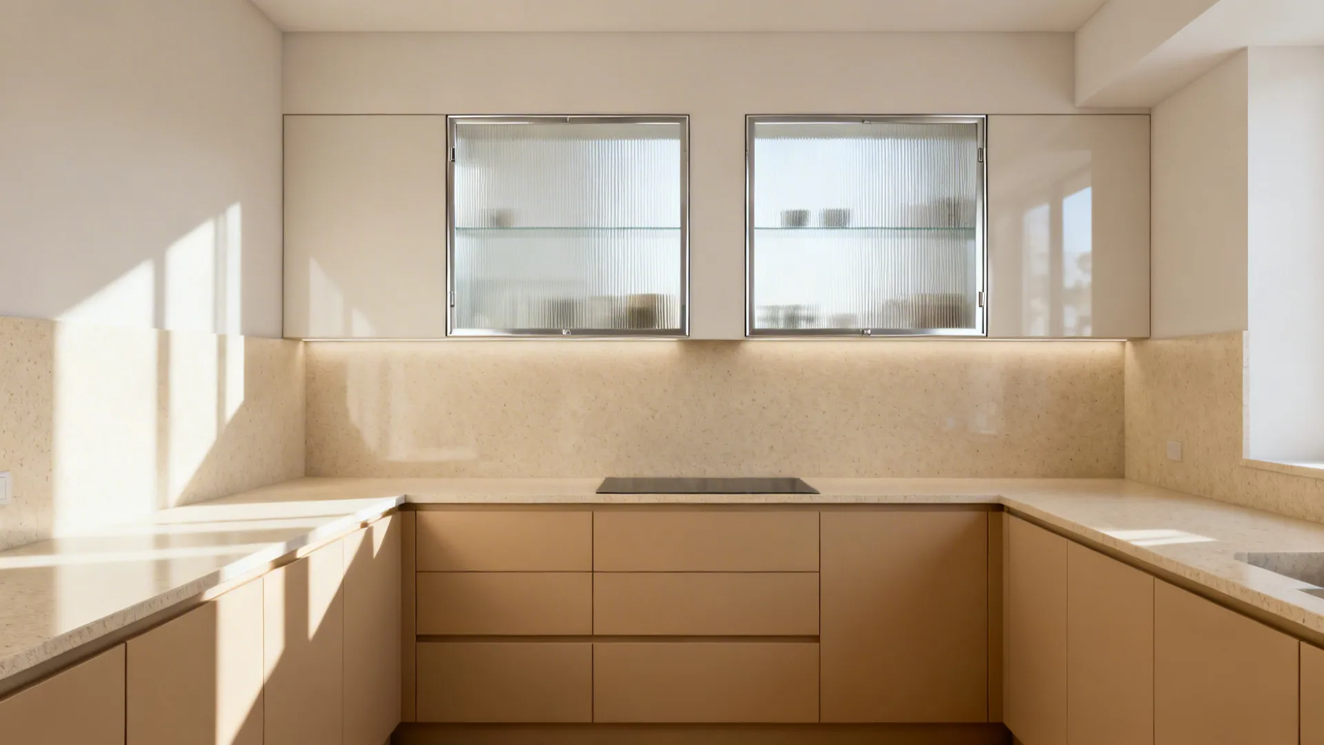 Fawn base cabinets with reeded glass upper doors in a bright galley kitchen