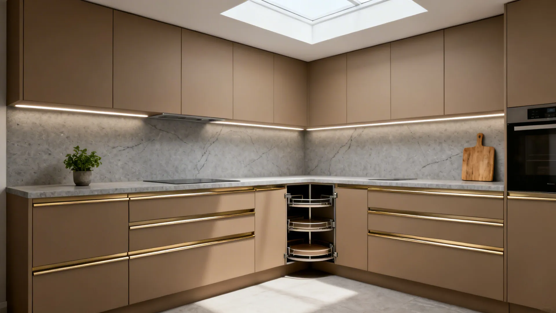 U-shaped kitchen with fawn handleless cabinets, champagne channels, and smart inserts