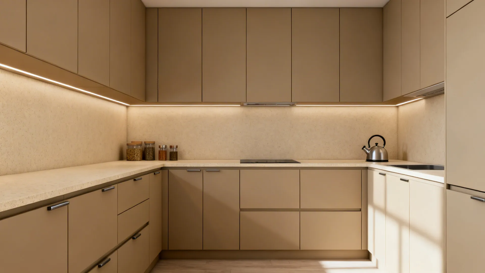 Matte fawn slab cabinets with light quartz counters in a small L-shaped Indian kitchen