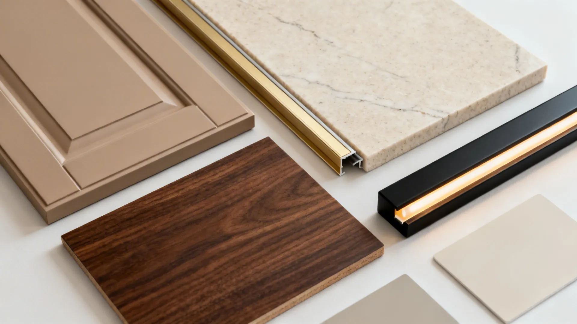 Flatlay of fawn door sample, walnut veneer, and light beige quartz with hardware