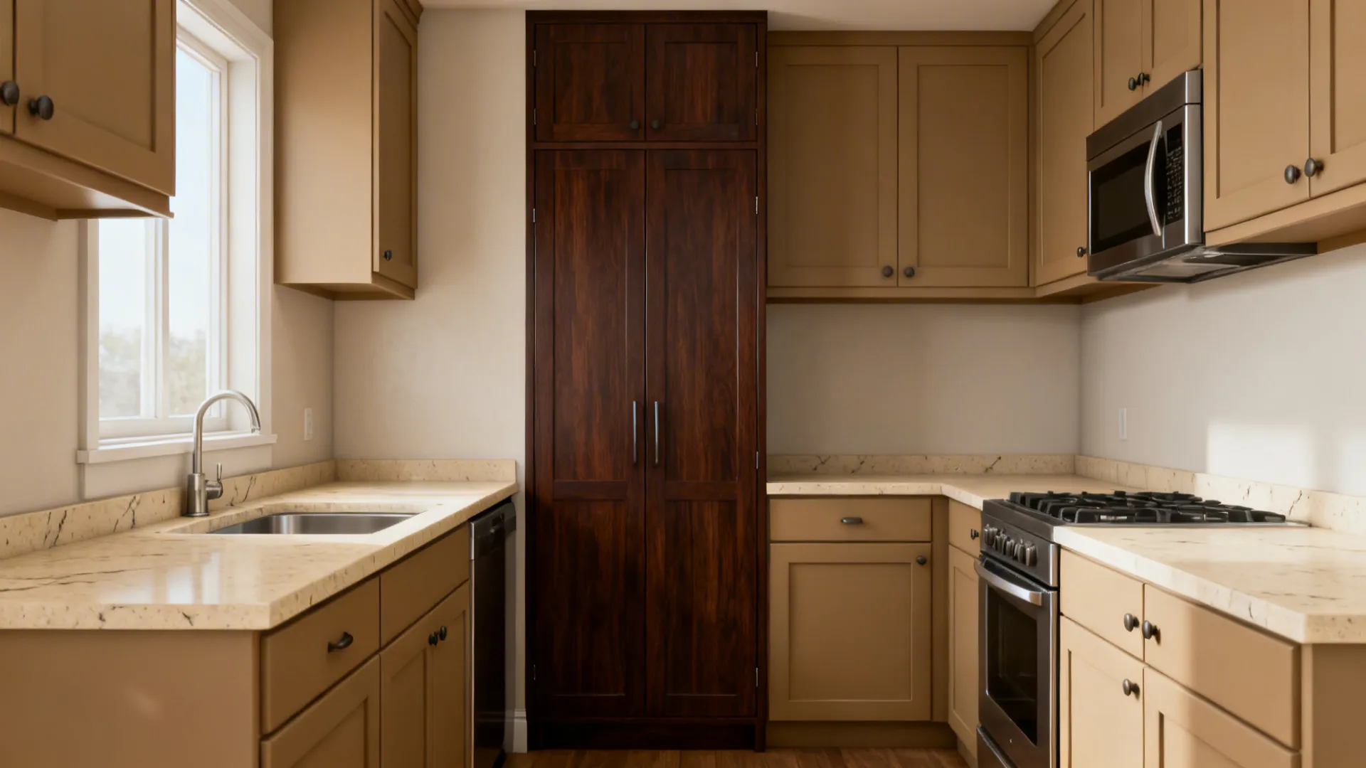 Two-tone kitchen with fawn cabinets and a deep walnut tall pantry unit