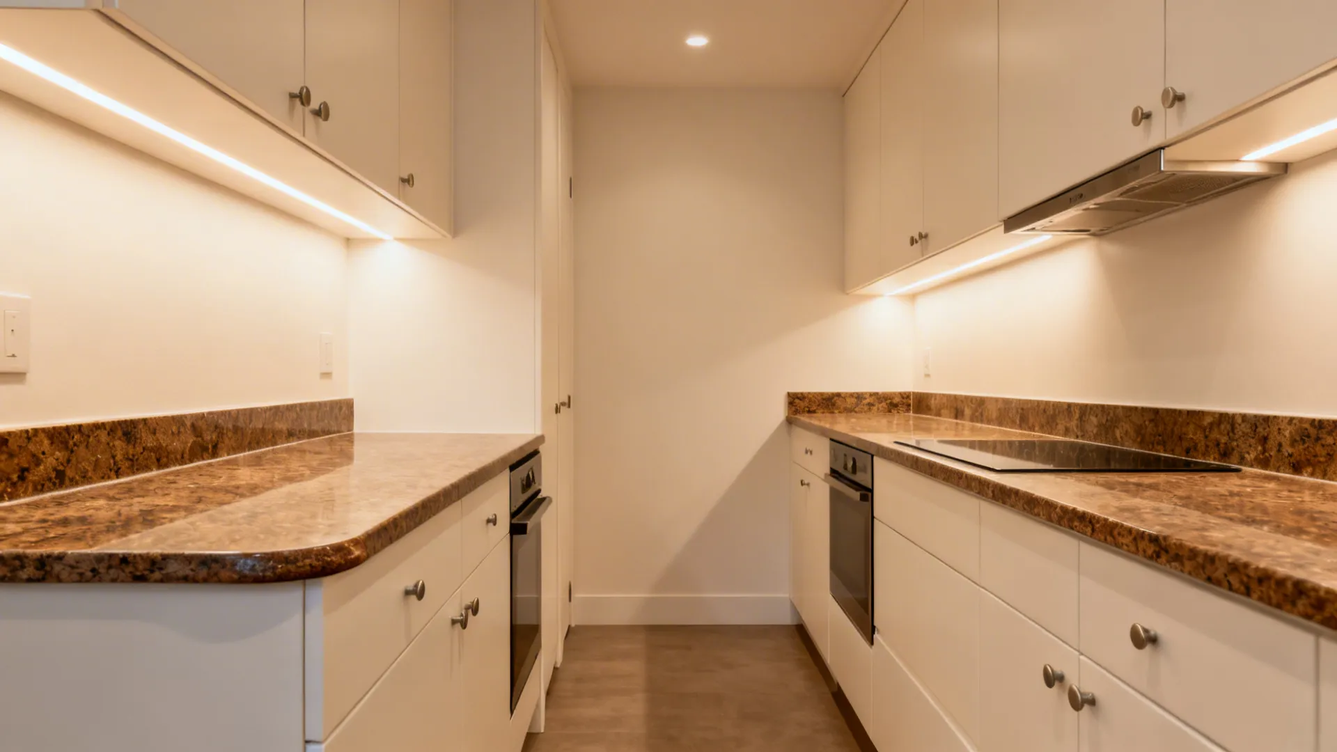Studio kitchenette with honed Fantasy Brown Granite and a soft eased edge profile.