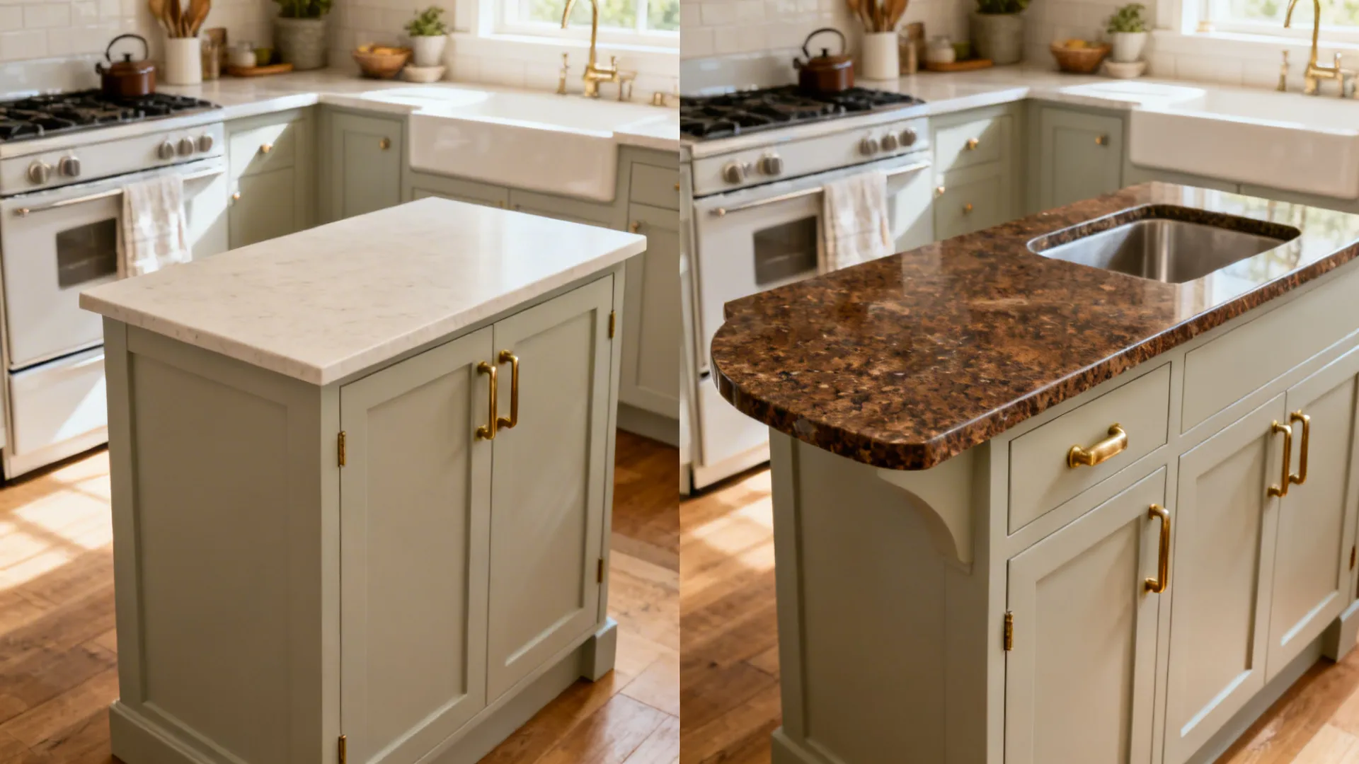 Before and after of a slim island upgraded with a Fantasy Brown Granite waterfall edge.