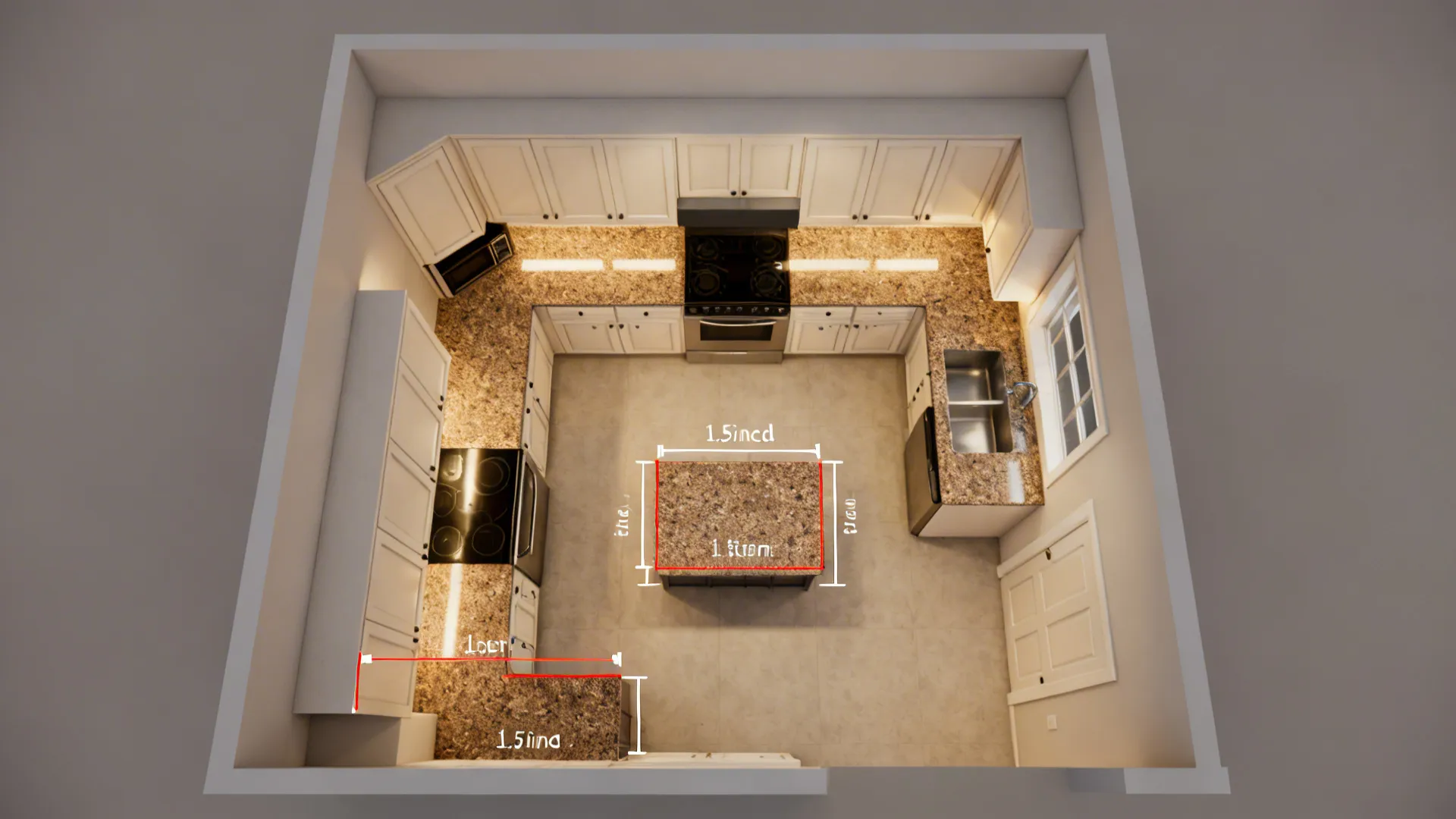 Top-down compact kitchen plan showing Fantasy Brown counters and edge options.