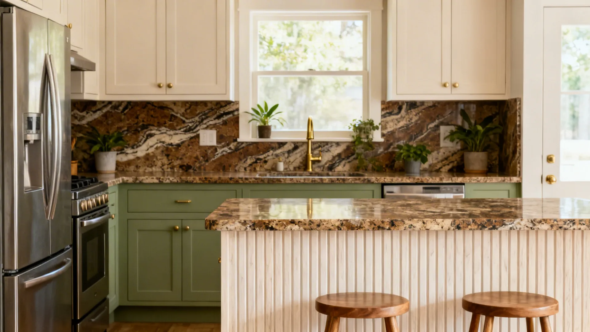Compact kitchen with Fantasy Brown Granite, sage lower cabinets, and ribbed white oak accents.