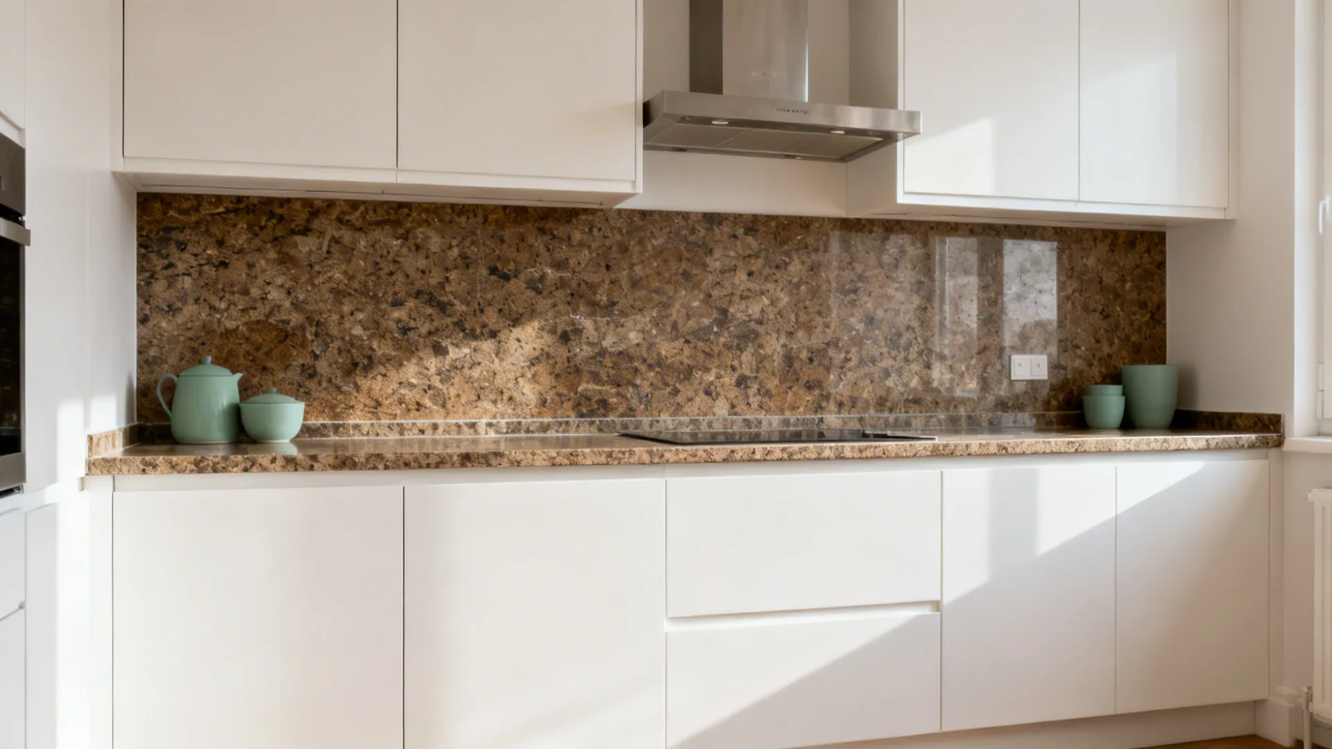 Compact kitchen with a slim full-height Fantasy Brown Granite backsplash for a seamless look.