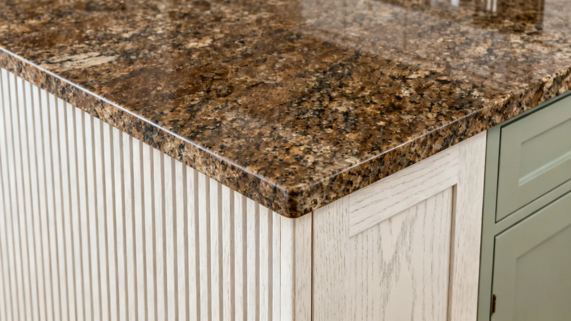 Macro of Fantasy Brown Granite meeting ribbed white oak with sage cabinetry nearby.