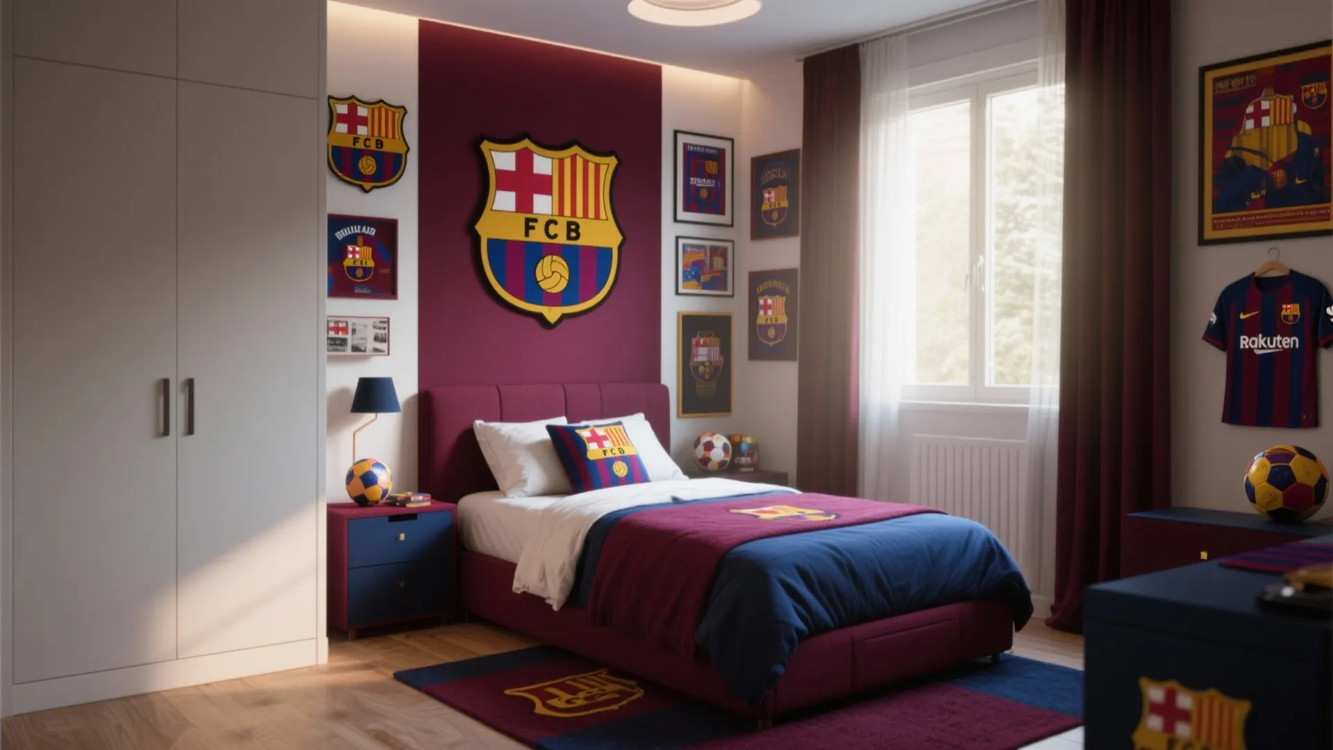 FC Barcelona themed bedroom with maroon wall, large logo, blue bed, white wardrobe, and sunlight