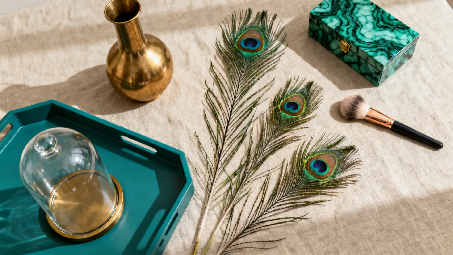 Top-down set of a brass vase, glass cloche, teal tray, malachite box, and peacock feathers.