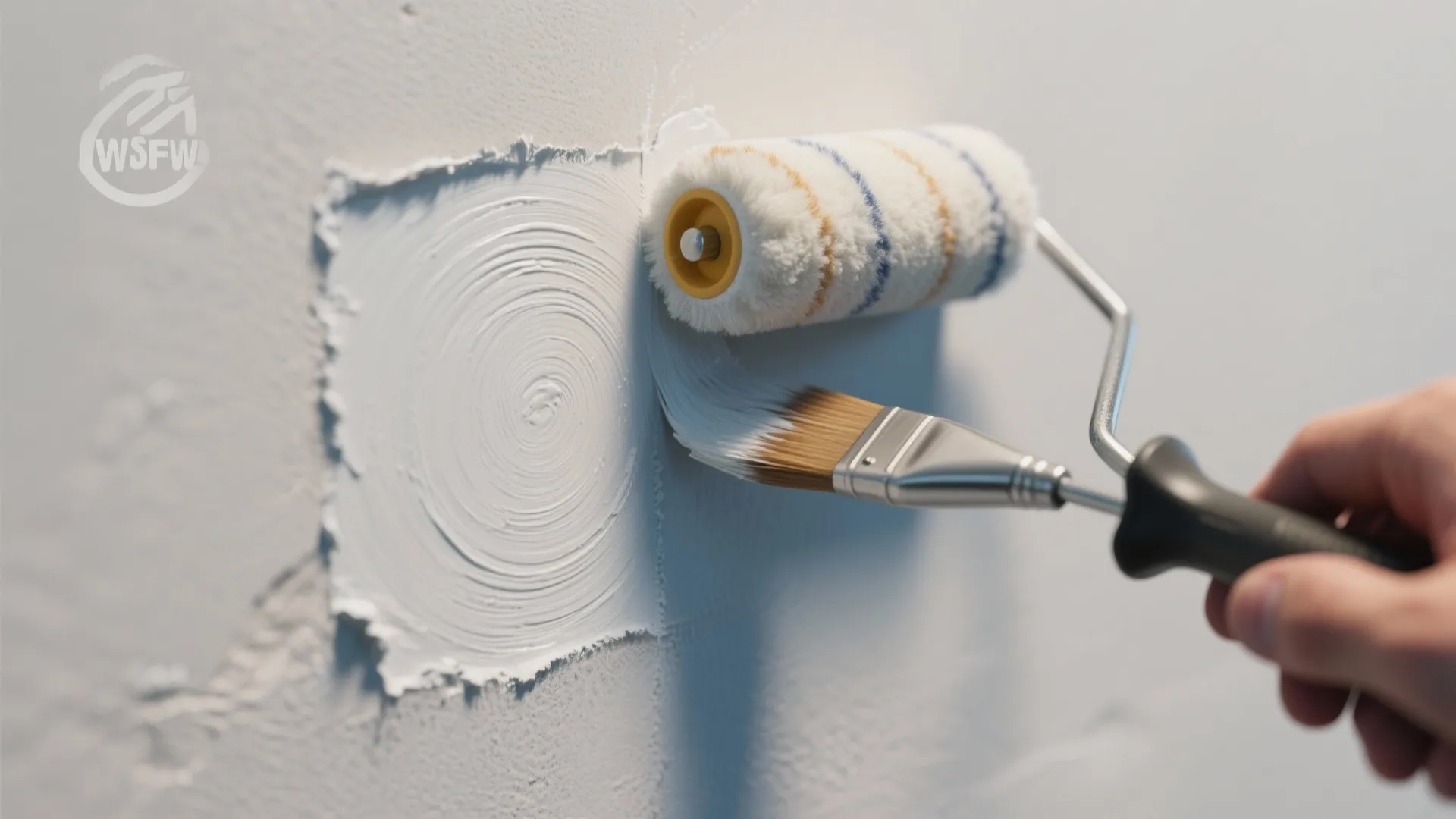 Macro view of a mini roller and fine brush feathering and blending paint to match wall texture