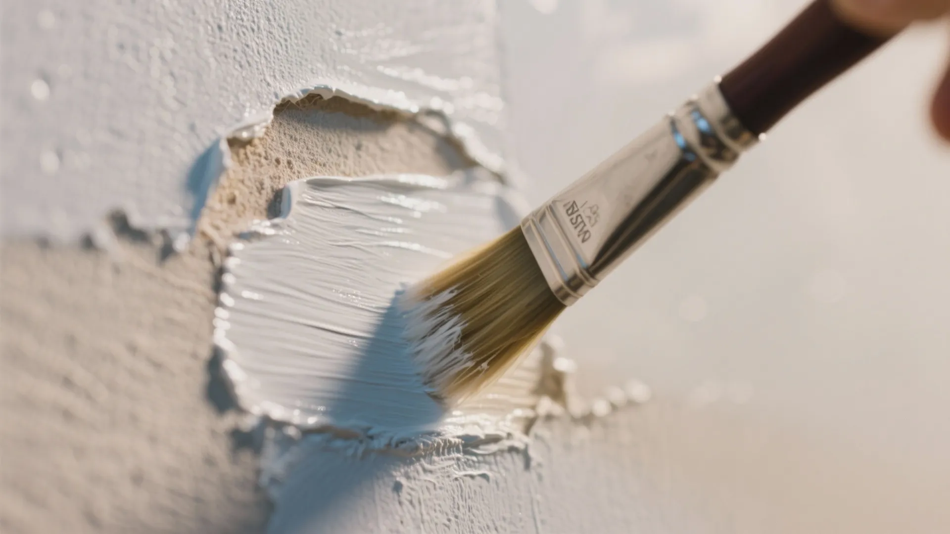 Macro close-up of an angled brush feathering paint edges on a repaired wall to create a thin, blended transition.