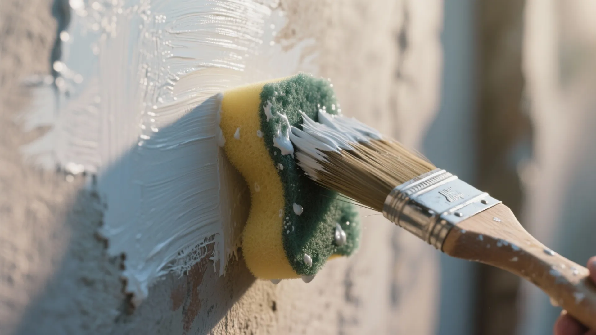 Close up of a hand using a brush and green sponge to apply white paint