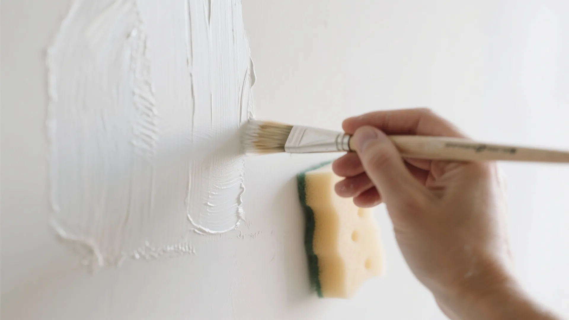 Macro view of a soft brush feathering paint edges on a white wall for an invisible blend.