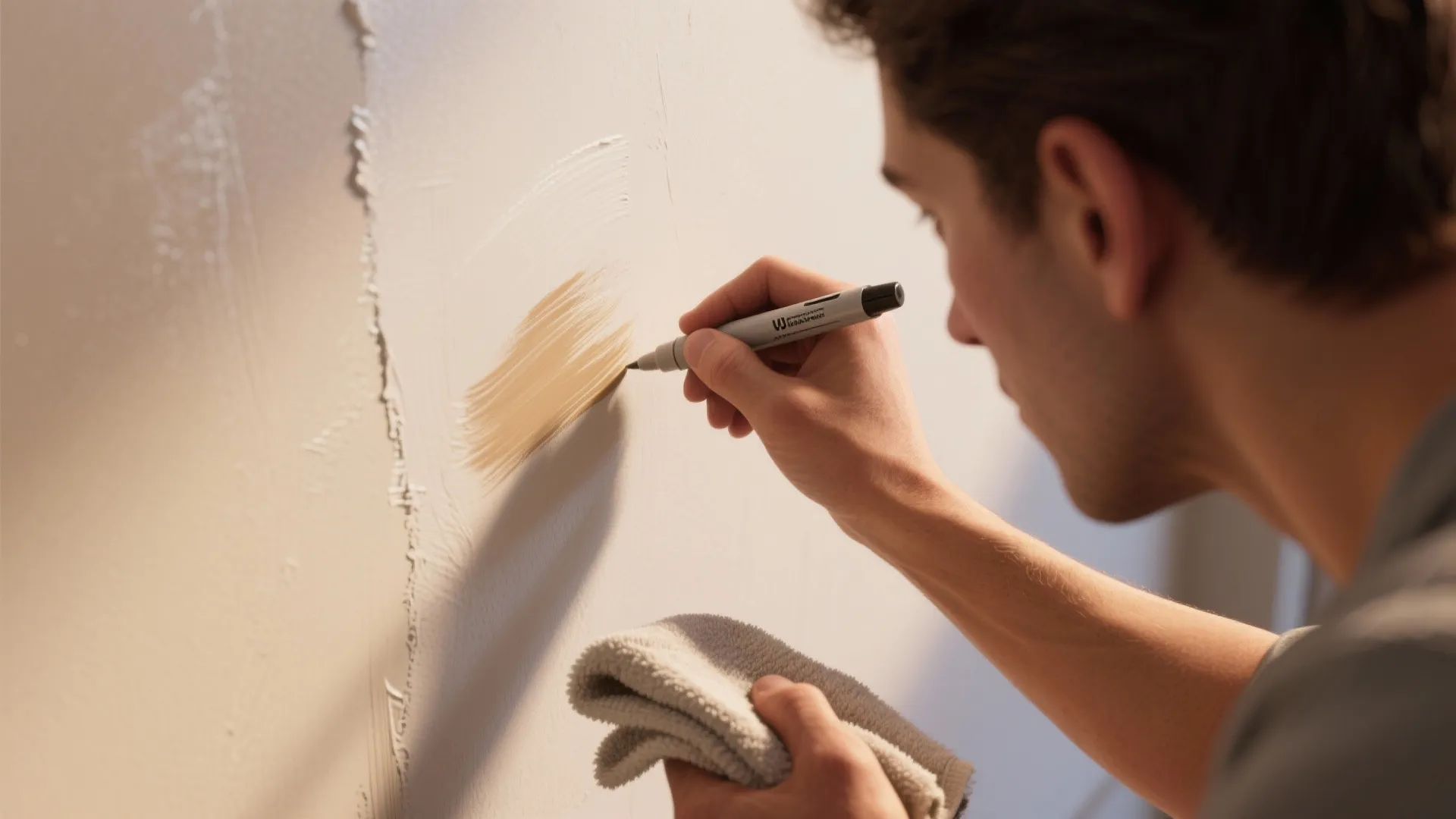 Top-down view of feathering light strokes with a touch-up pen and drying layers for an invisible blend.