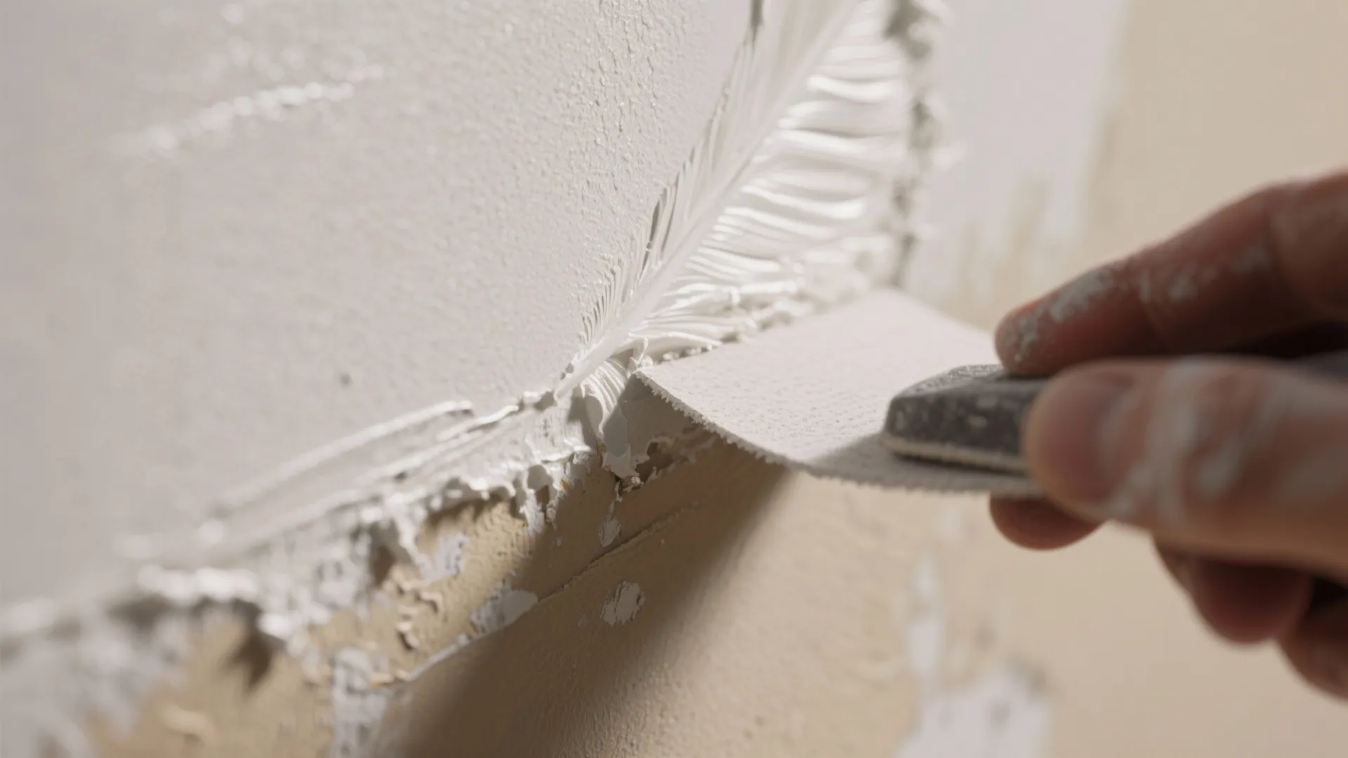 Person using a sanding tool to smooth white wall plaster for a thin soft edge