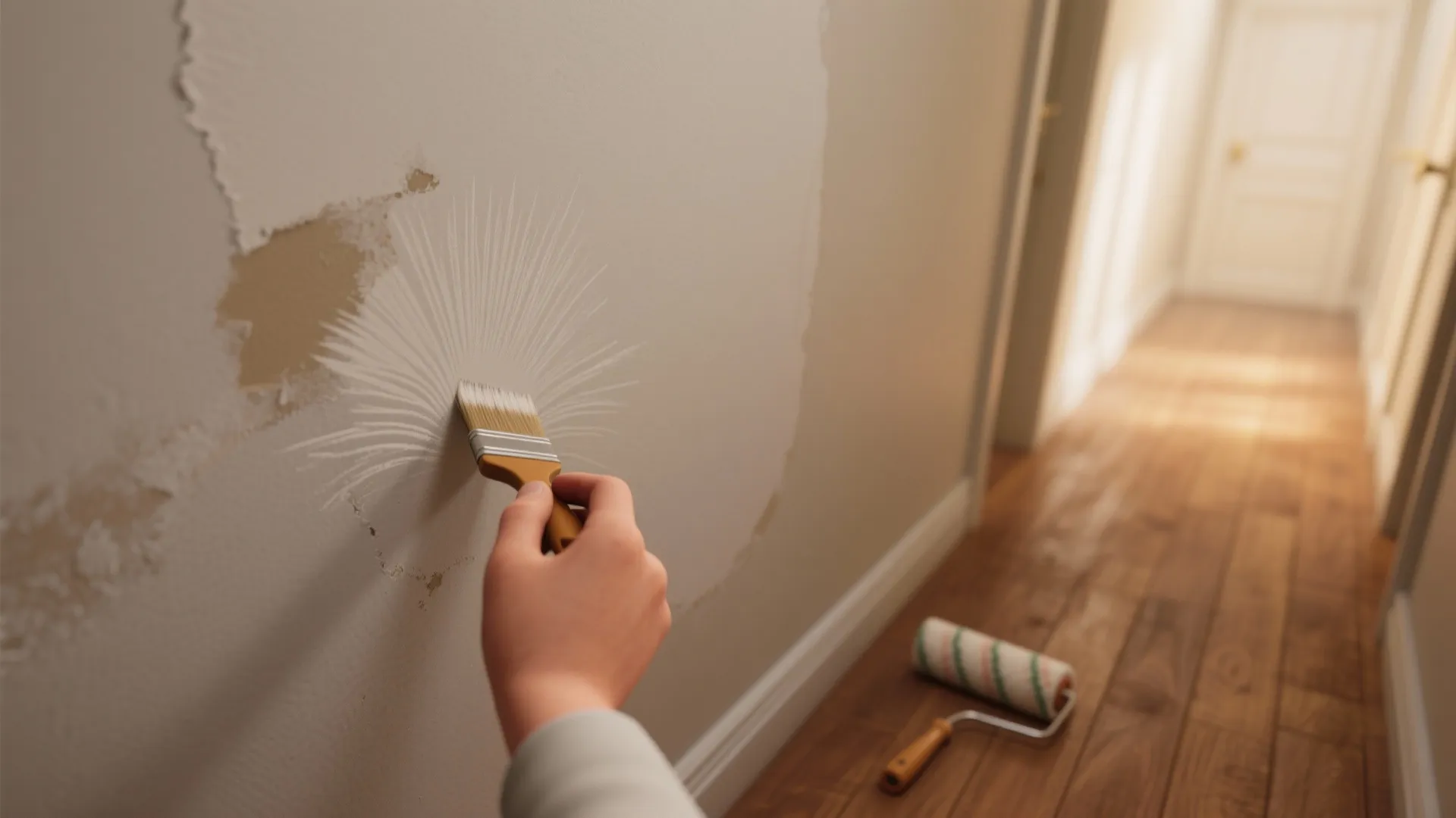 Person using a small brush to blend white paint on a wall with peeling surface