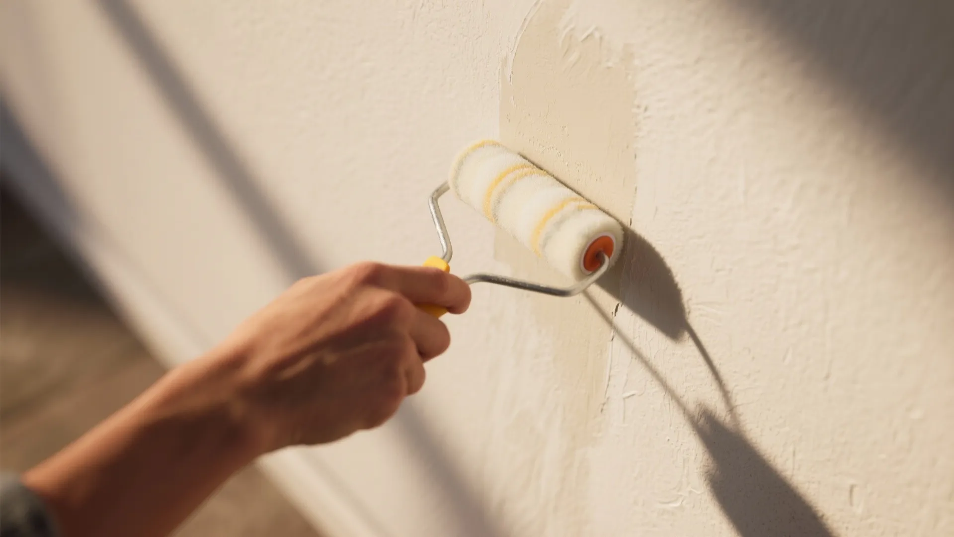 Person using a small paint roller to apply light beige color paint onto white wall
