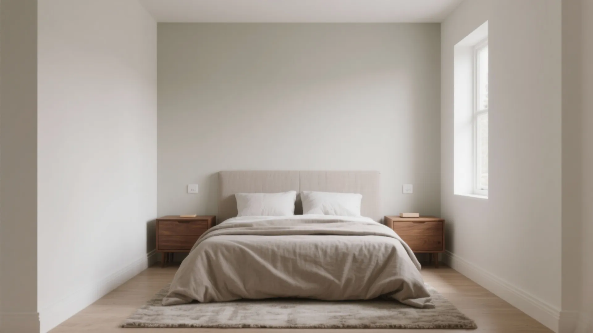 Minimalist bedroom with beige bed two wooden side tables a window and a grey rug