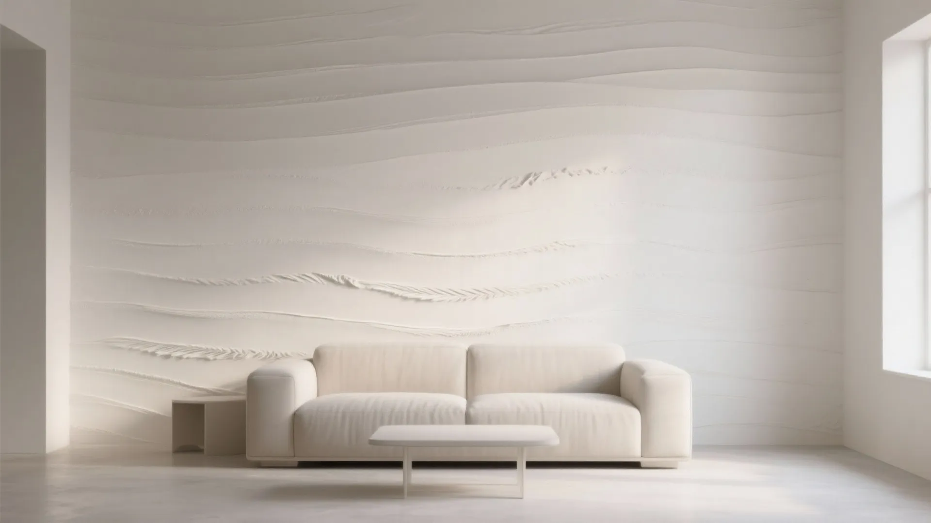 Modern living room showing white sofa coffee table and white wall with wavy feather patterns