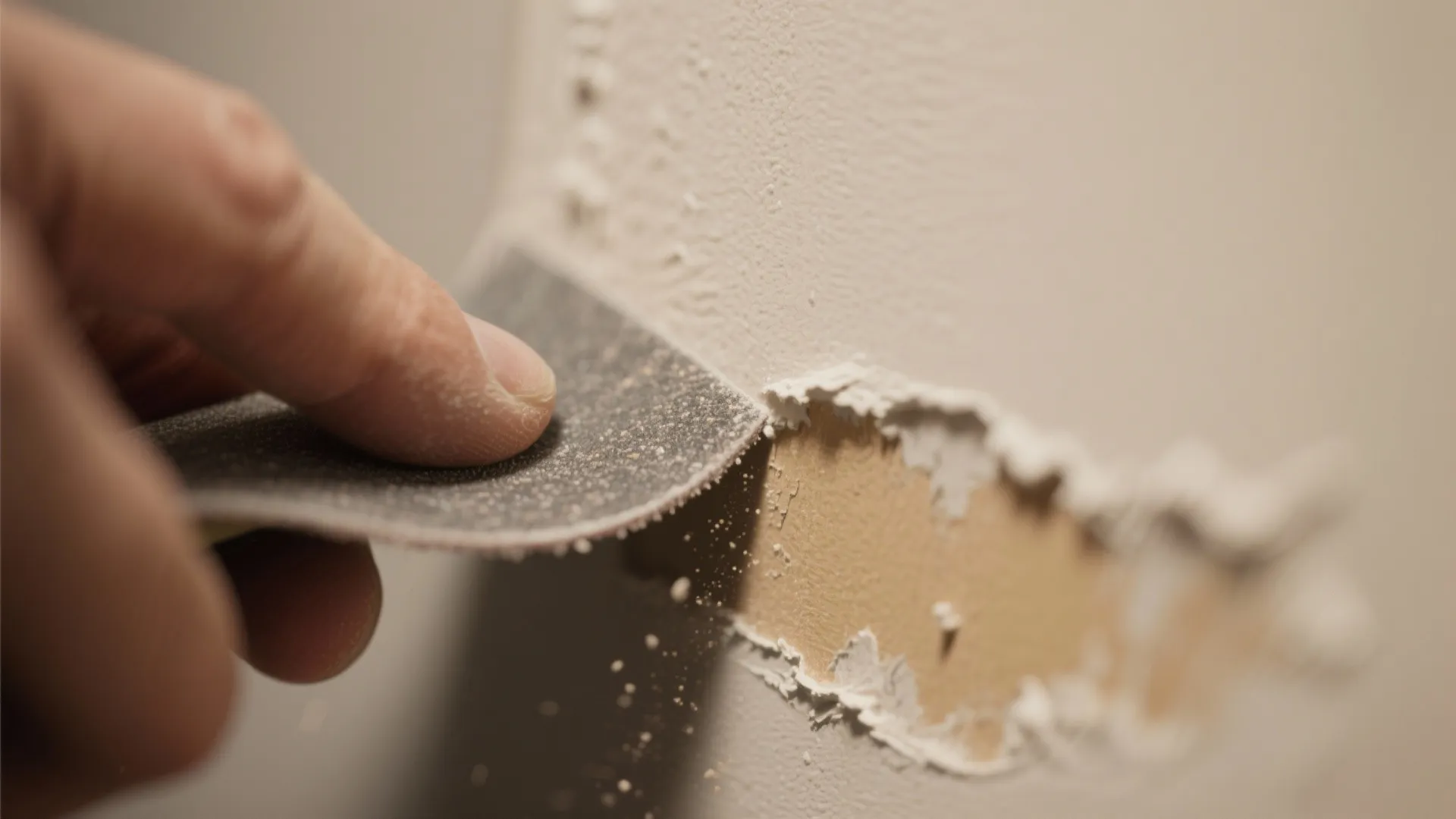 Macro view of a feathered drywall edge being sanded with fine-grit paper showing smooth texture transition.