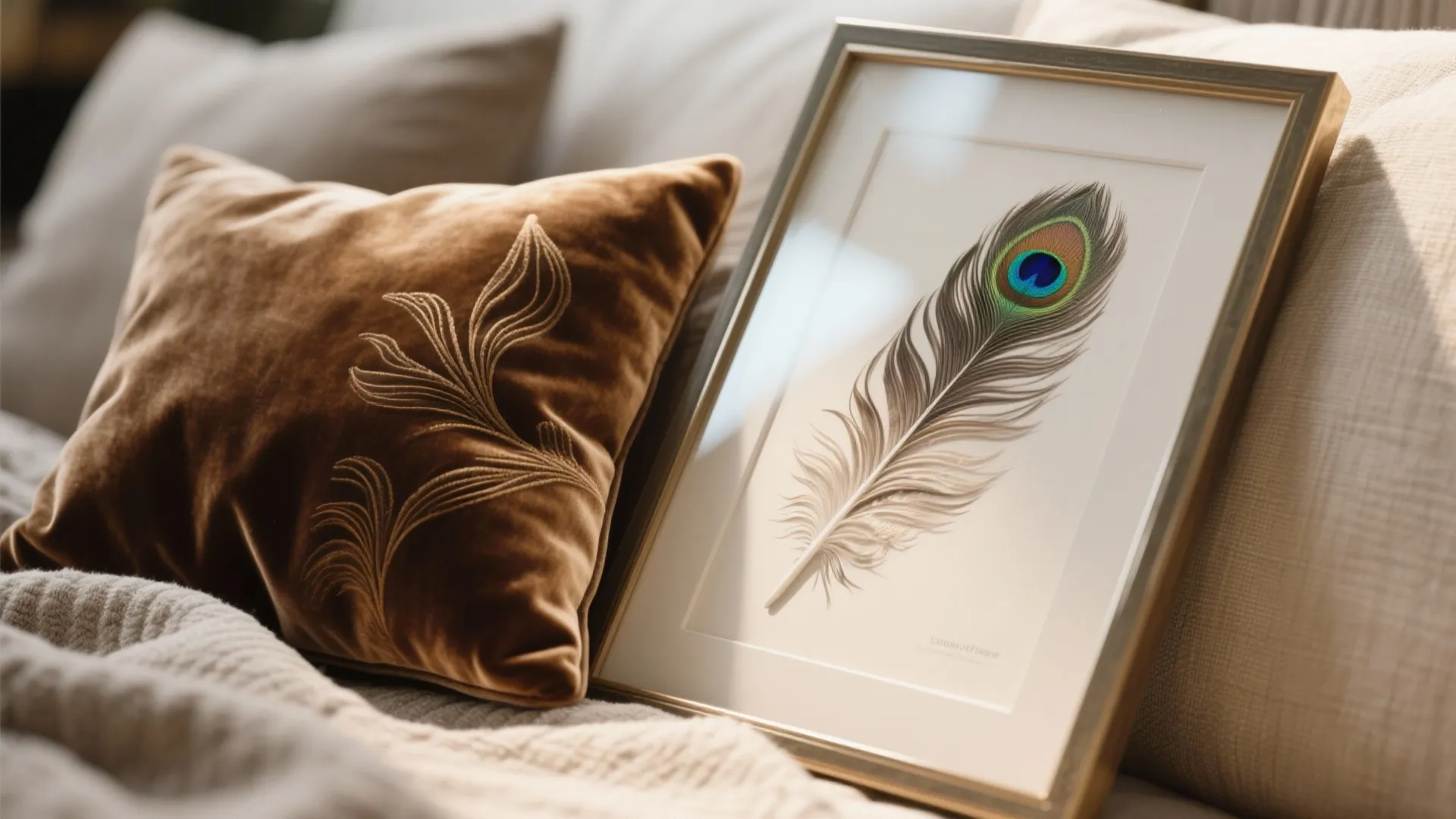 Framed peacock feather art piece leaning against a brown velvet pillow on a cozy white bed